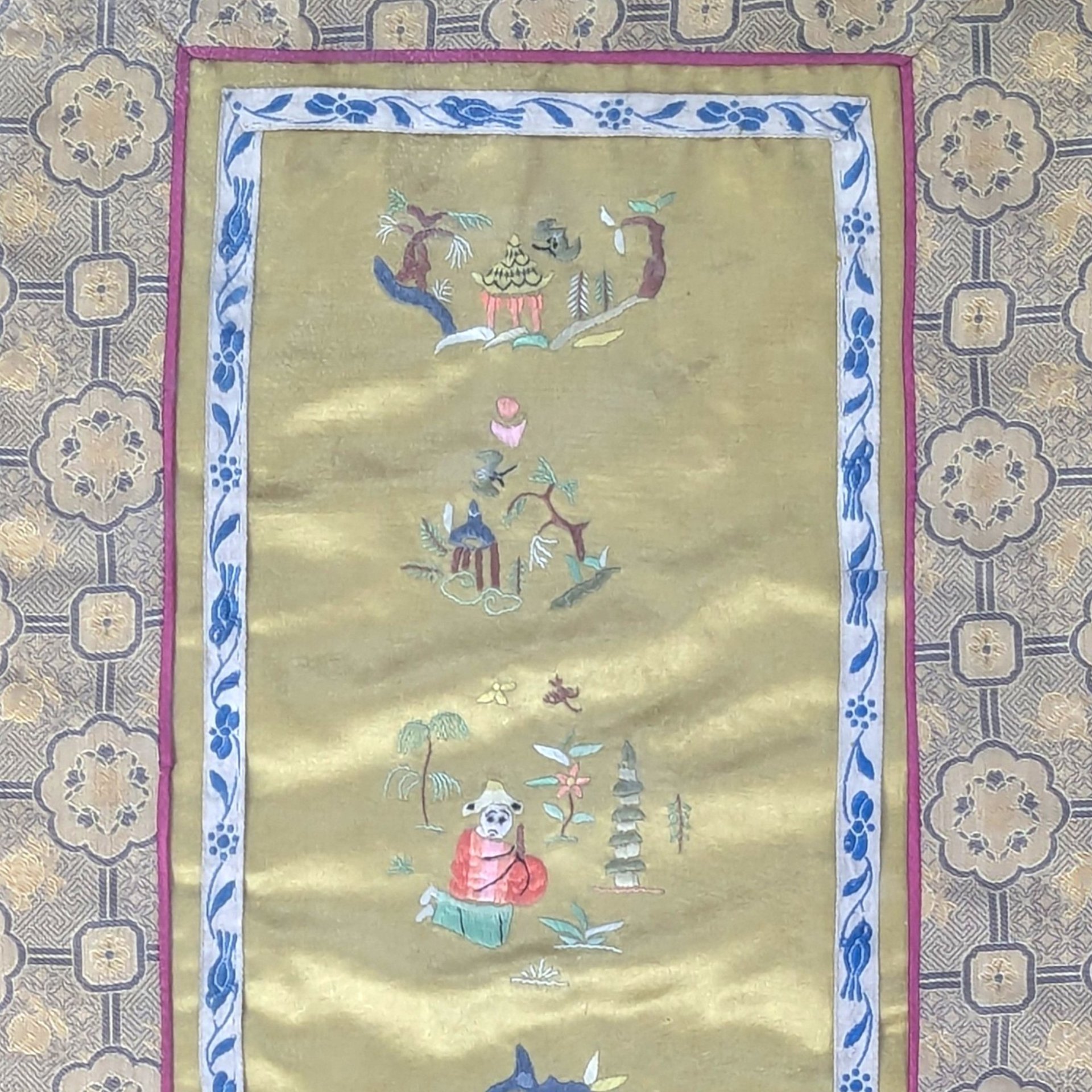 1900s Chinese Silk Embroidery Framed Sleeve Band Wall Hanging