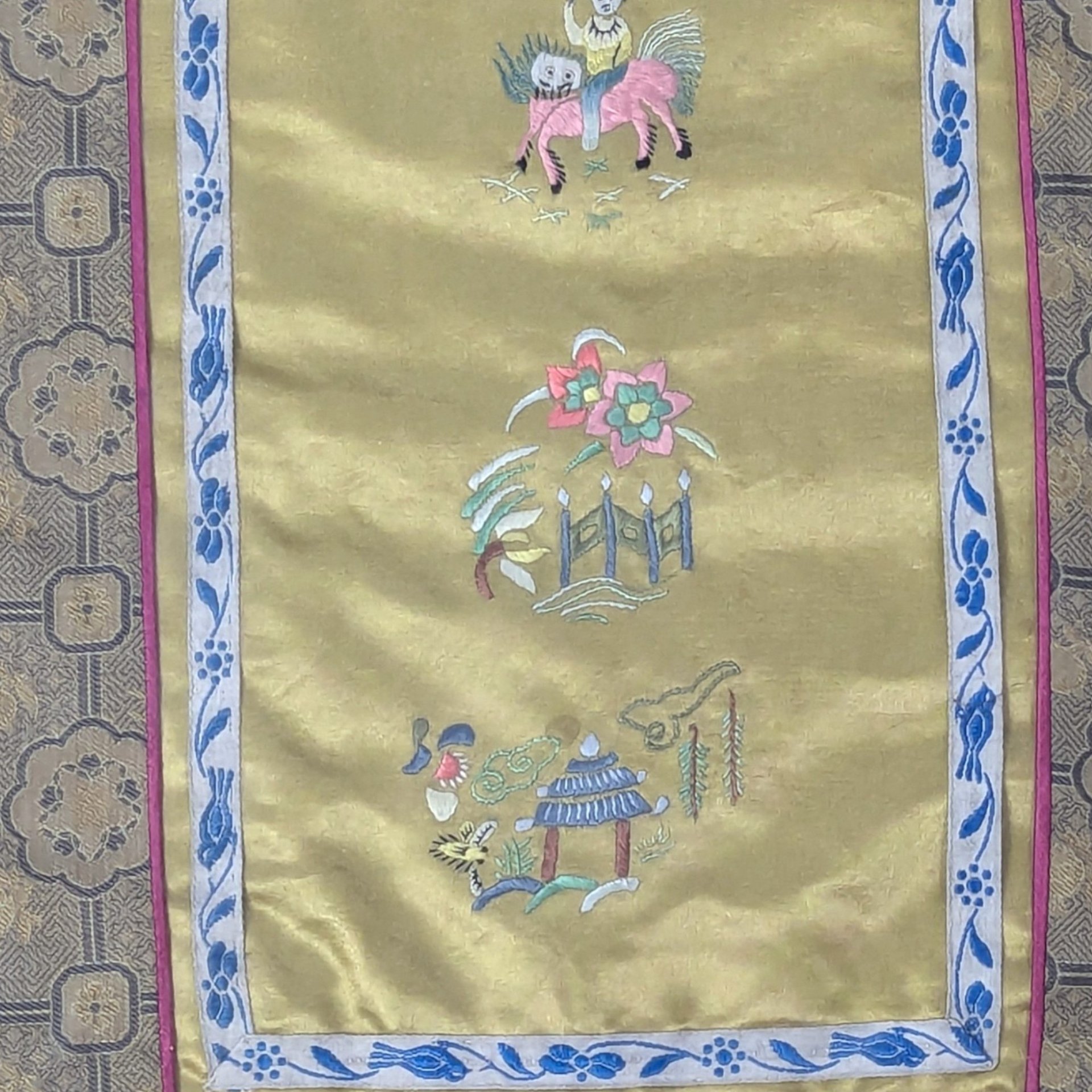 1900s Chinese Silk Embroidery Framed Sleeve Band Wall Hanging