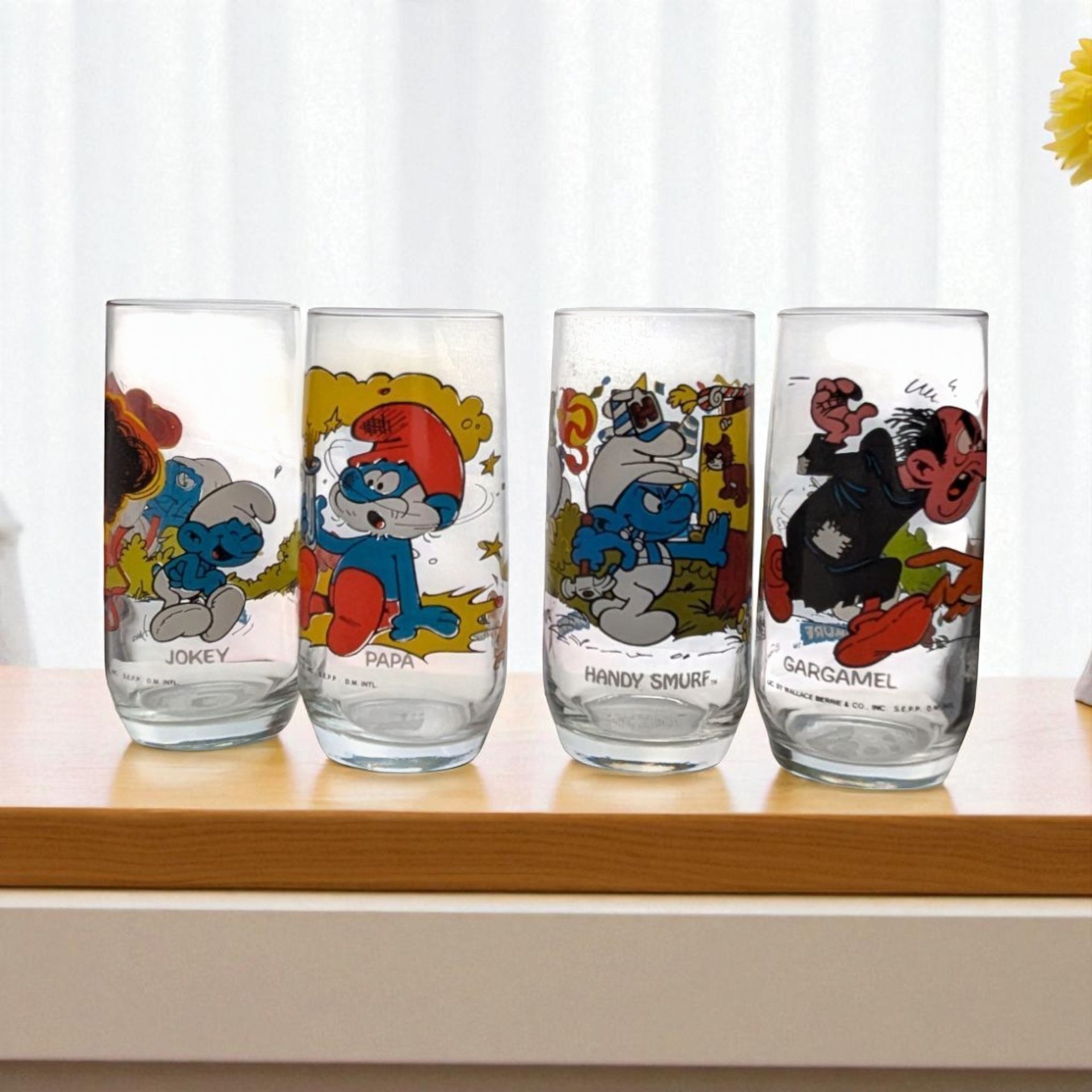 Vintage 1982 Smurf Tumblers, Set of 4, Papa, Jokey, Gargamel, Handy Smurf, Collectible Smurf Glasses, Gift for 80s Nostalgia