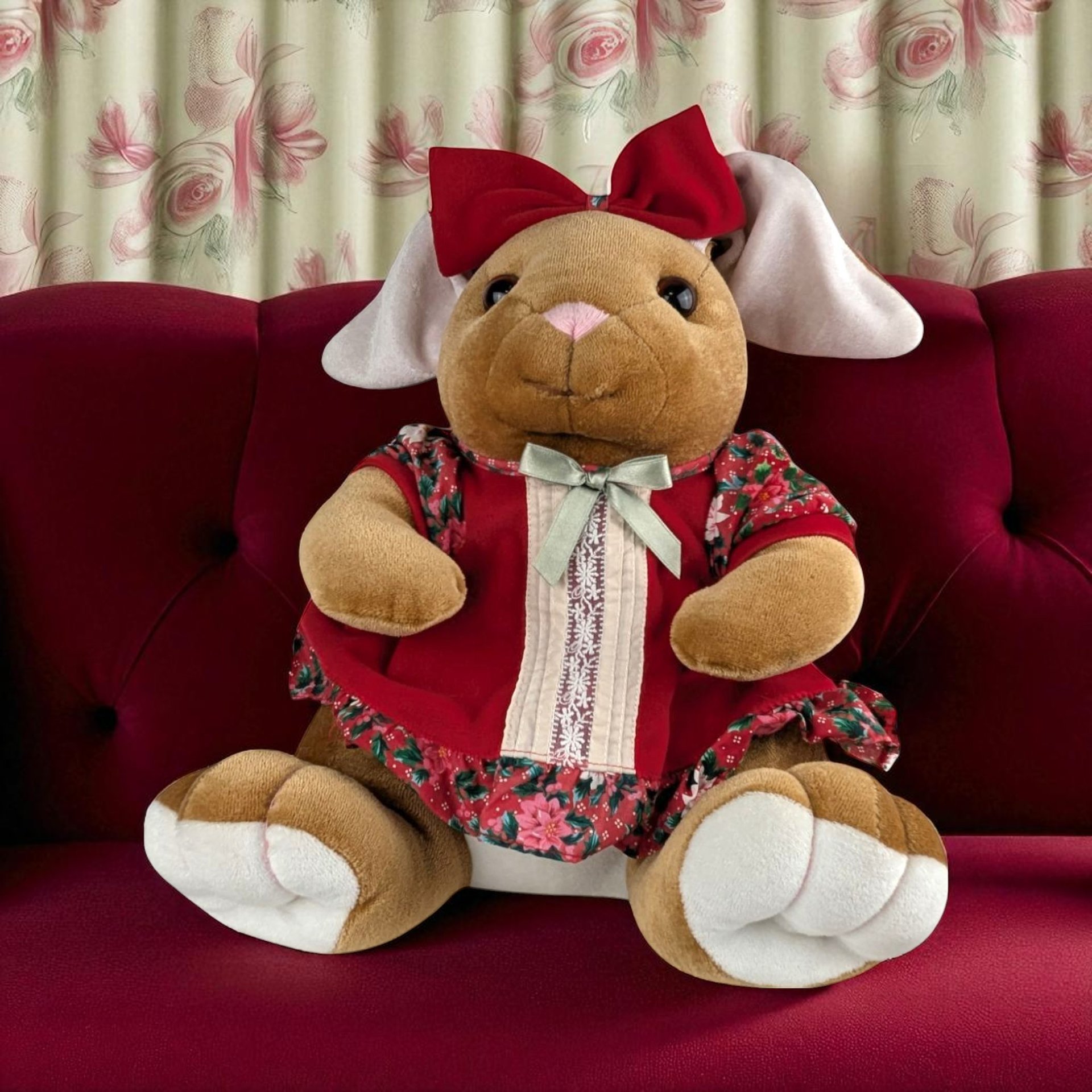 1985 Commonwealth Velveteen Rabbit Christmas Bunny Plush, Vintage Holiday Decor, Collectible Stuffed Animal, Gift for Rabbit Lovers