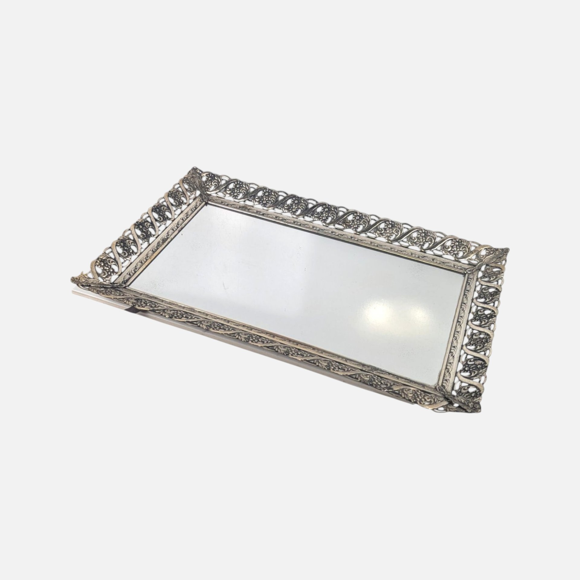 1960s Ornate Silver Metal Mirror Vanity Tray