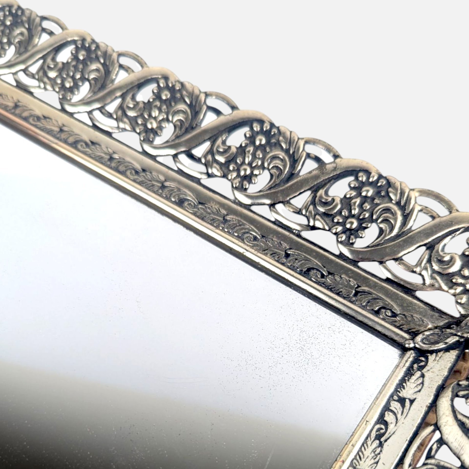 1960s Ornate Silver Metal Mirror Vanity Tray