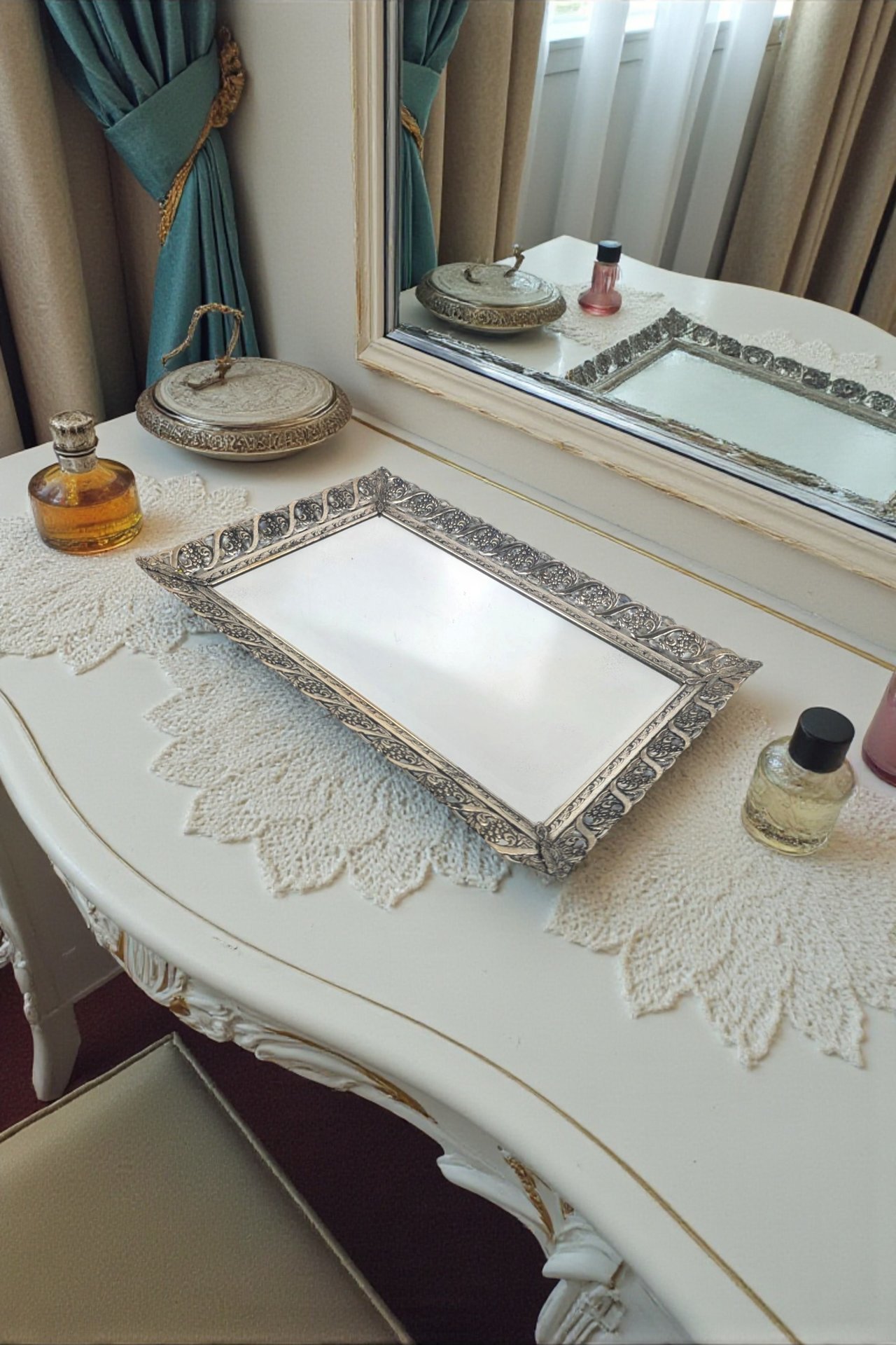 Vintage 15" Ornate Silver Tone Filigree Mirror Tray
