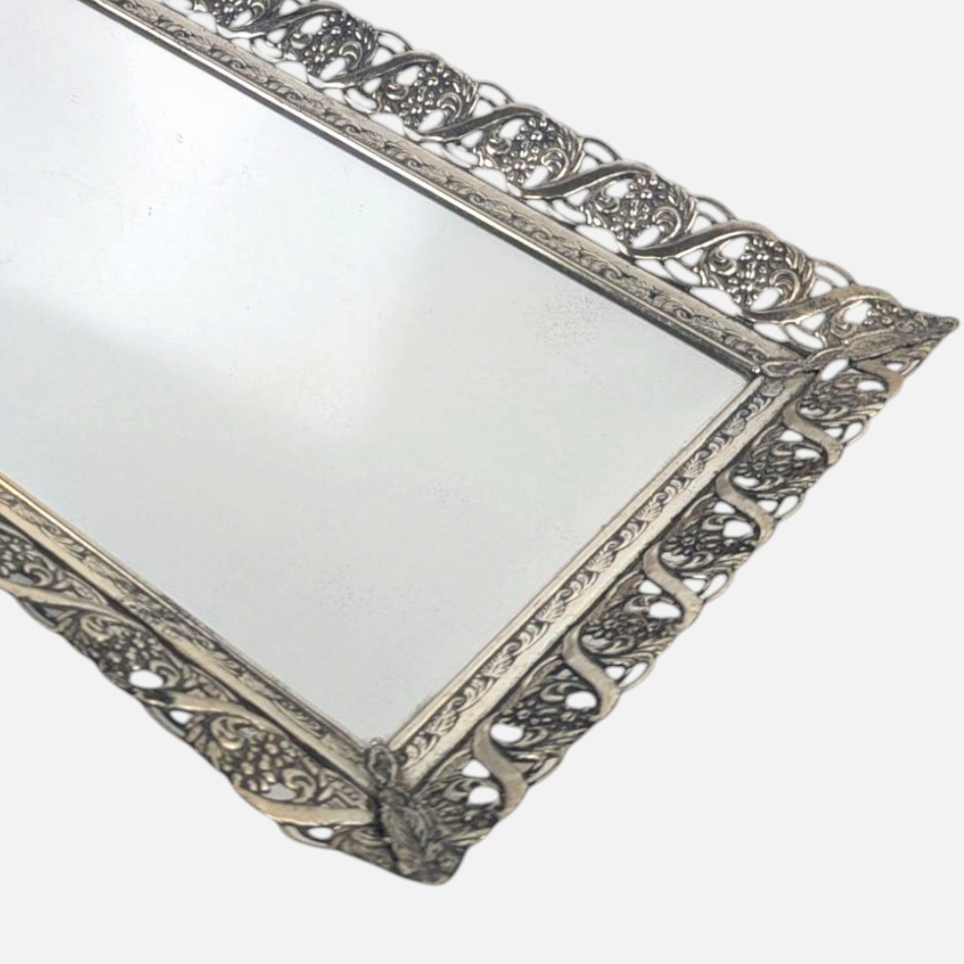 1960s Ornate Silver Metal Mirror Vanity Tray