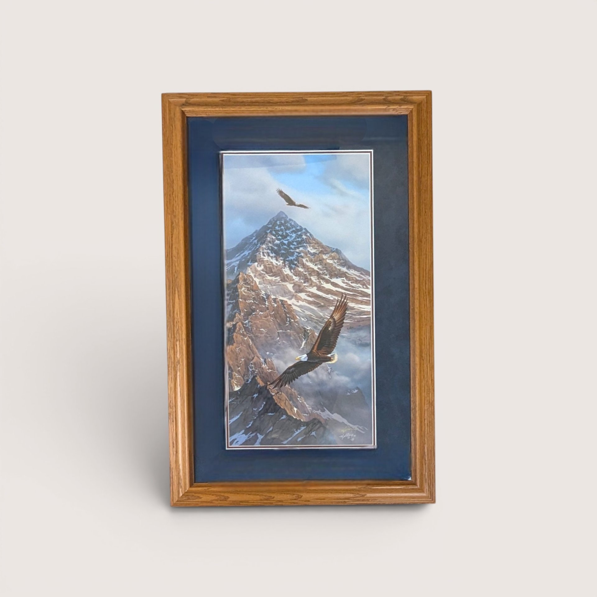Framed wildlife print showing two bald eagles soaring over a snow covered mountain peak with a dark blue mat.