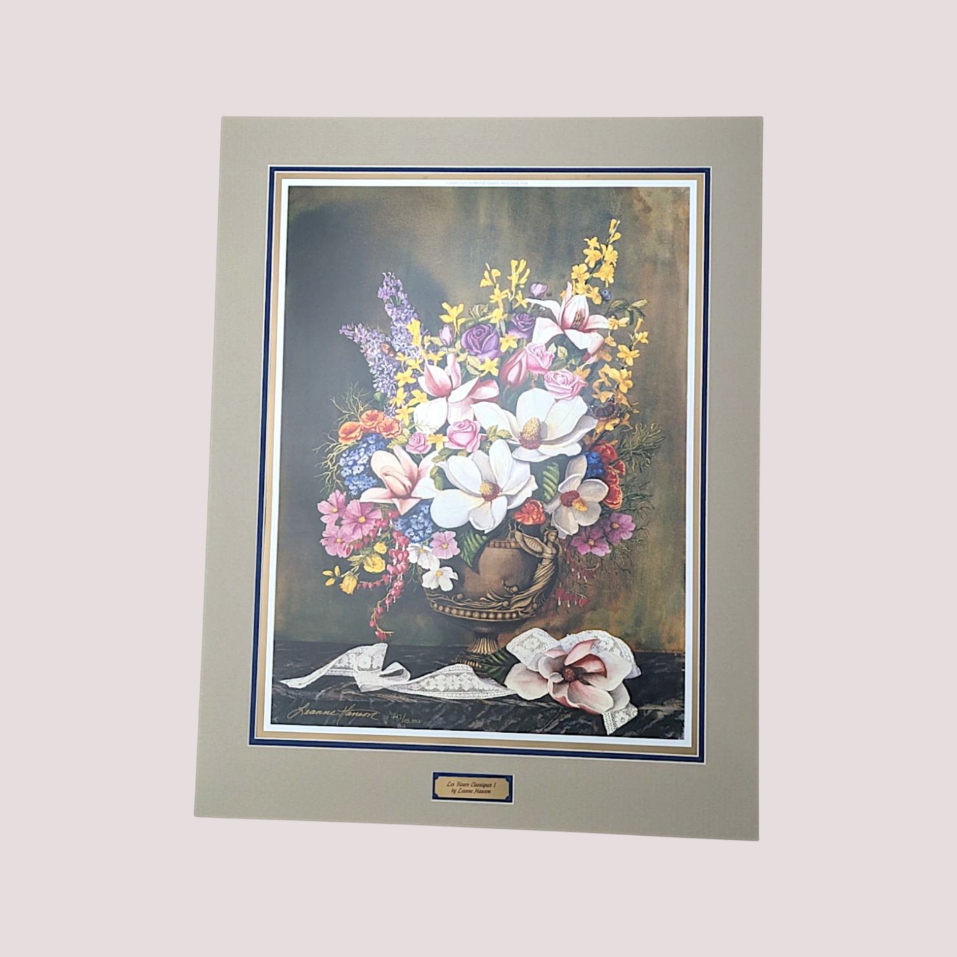 Vintage matted floral print titled Les Fleurs Classiques I by Leanne Hanson featuring white magnolias in an urn.