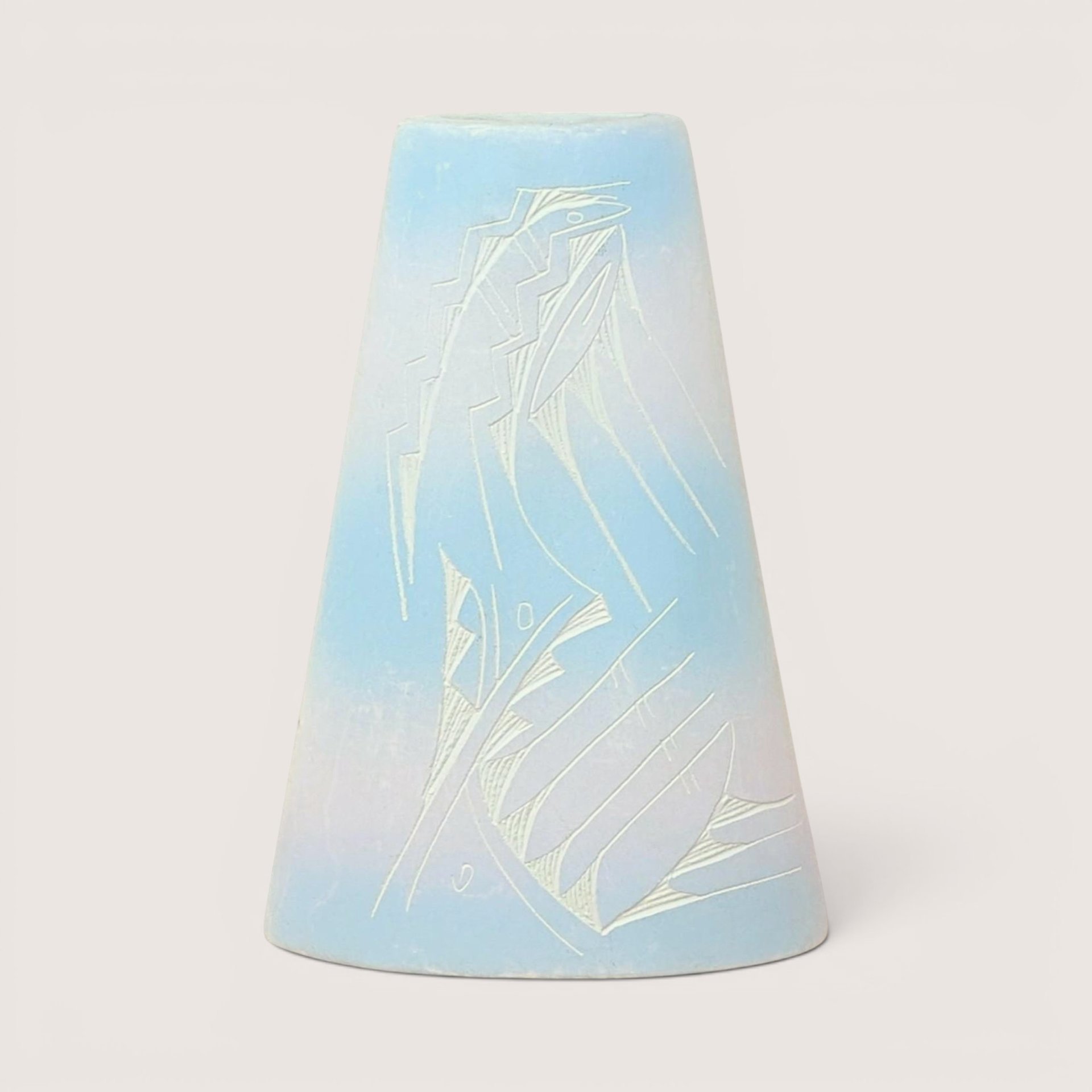 Tapered pastel blue and pink ceramic vase with etched geometric Southwestern sgraffito designs.