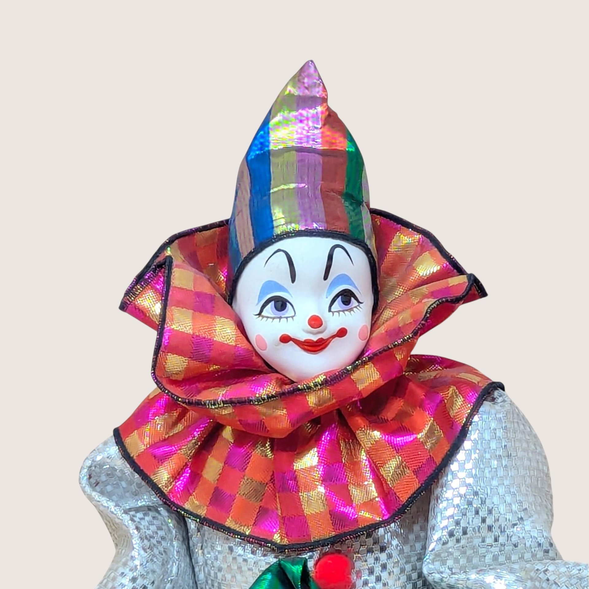 1980s Porcelain Head Posable Colorful Clown Doll
