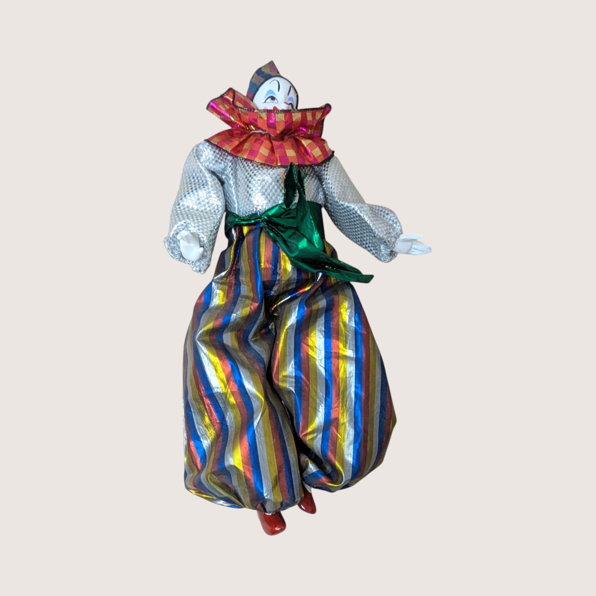 1980s Porcelain Head Posable Colorful Clown Doll