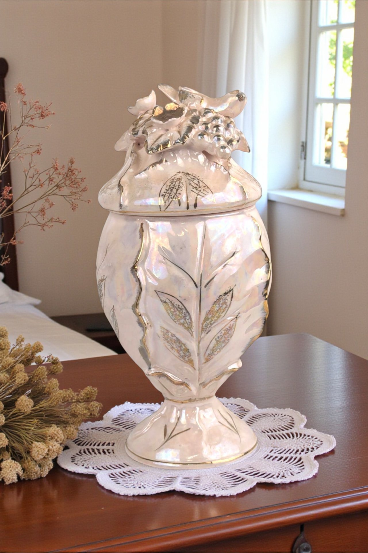 Vintage Pink Iridescent Ceramic Bird and Grape Compote