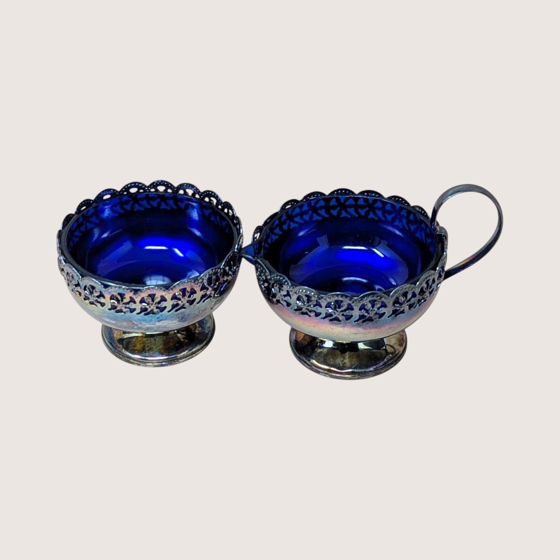 1950s English Celtic Silverplated Cobalt Blue Glass Cream Sugar Set
