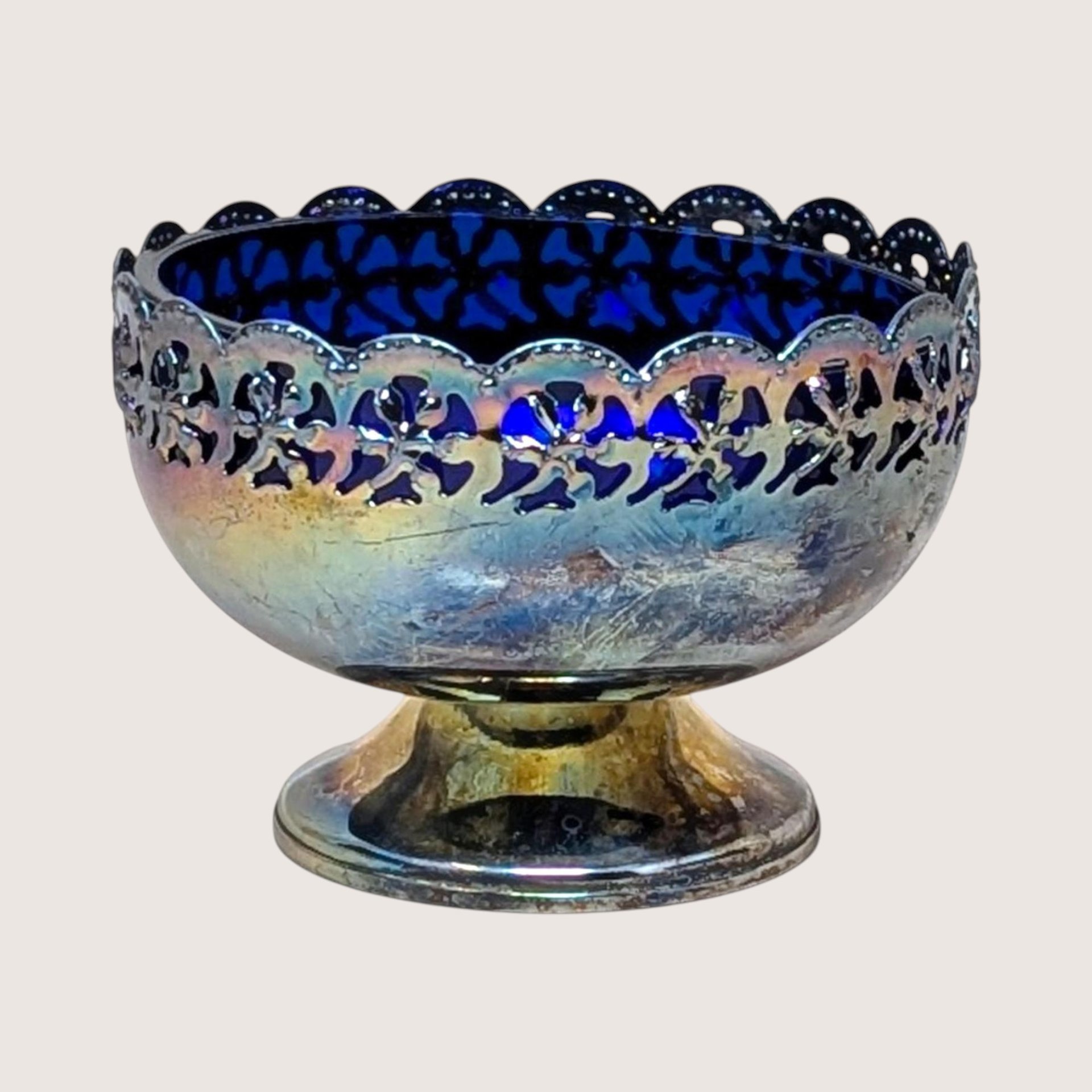 1950s English Celtic Silverplated Cobalt Blue Glass Cream Sugar Set