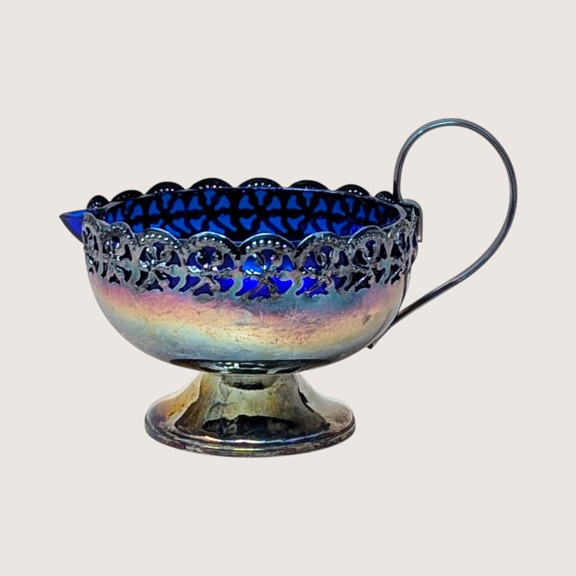 1950s English Celtic Silverplated Cobalt Blue Glass Cream Sugar Set