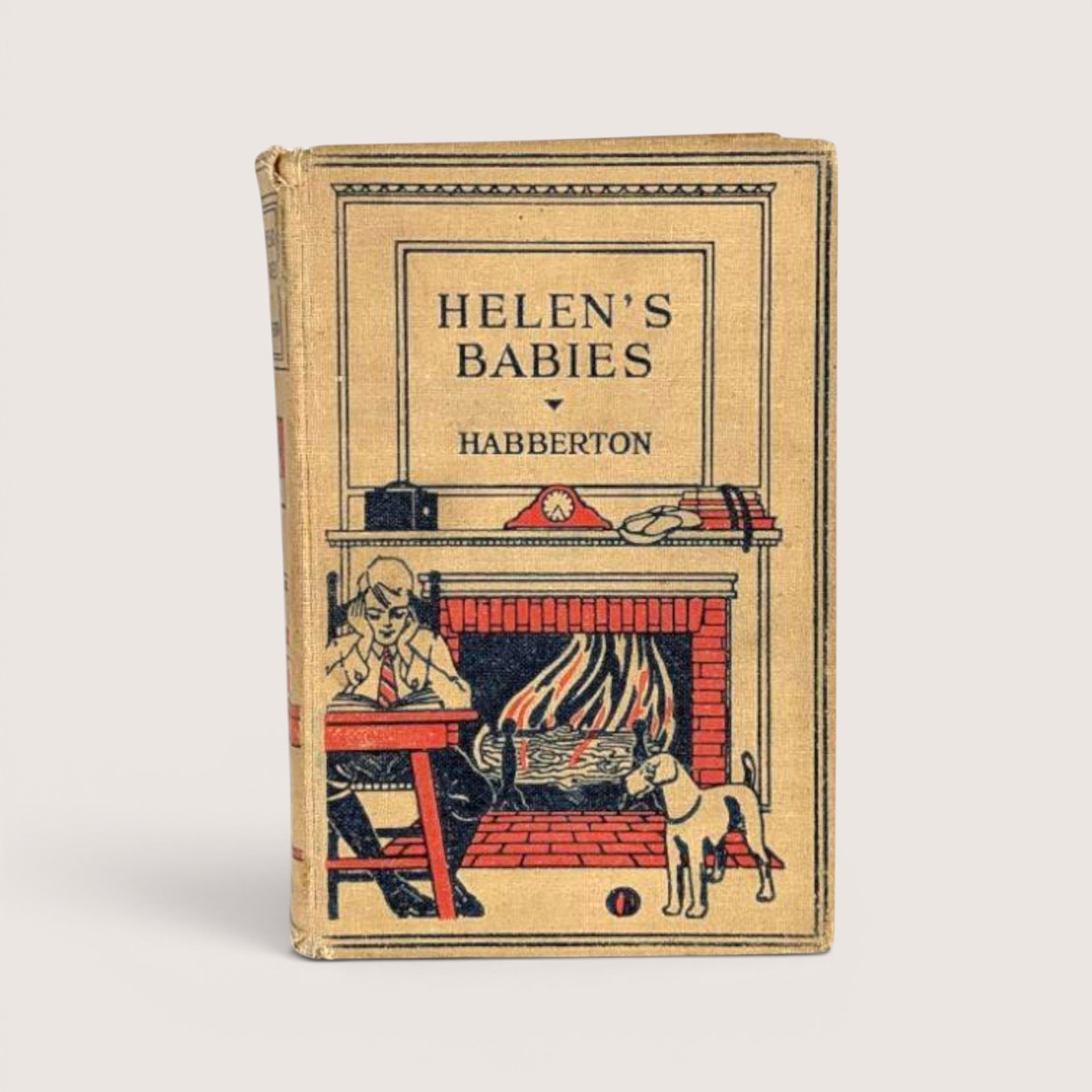 Antique 1920s Helen's Babies hardcover book by Habberton with a red and black illustration of a person by a fireplace.
