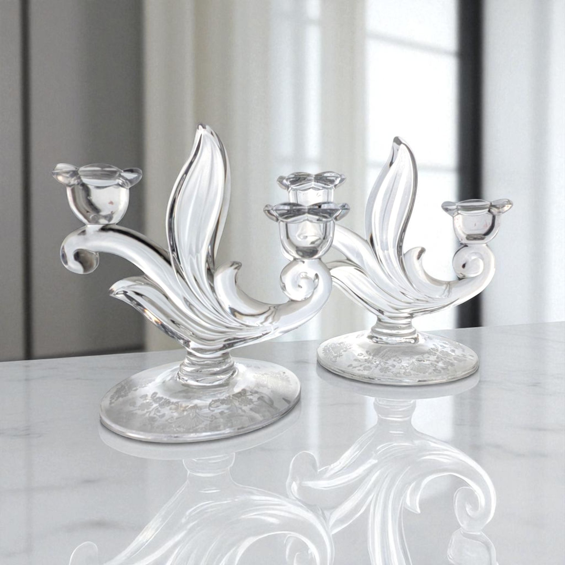 1940s Duncan Miller Glass First Love Double Candlesticks Pair