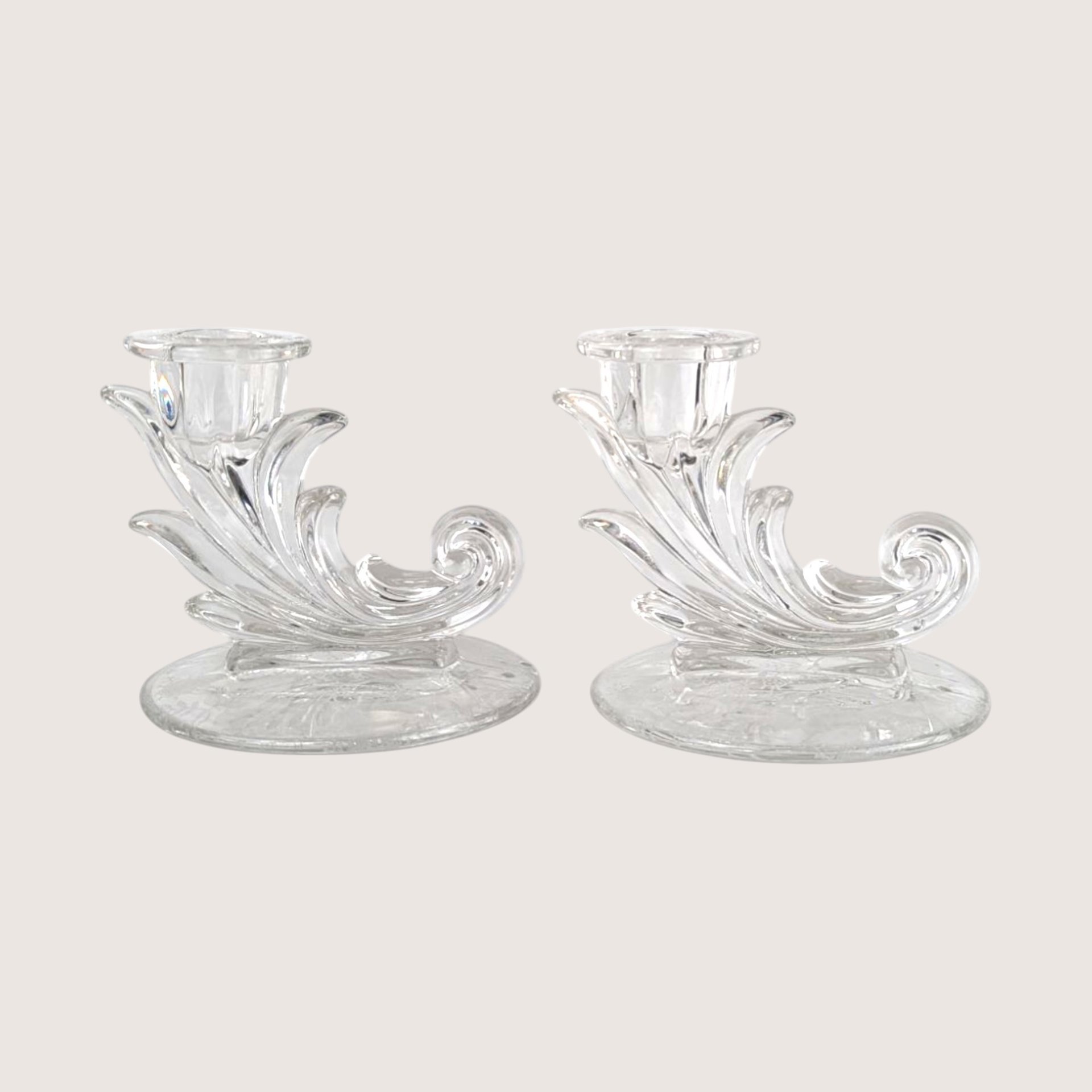 1940s Fostoria Navarre Baroque Cornucopia Candlestick Holders Pair