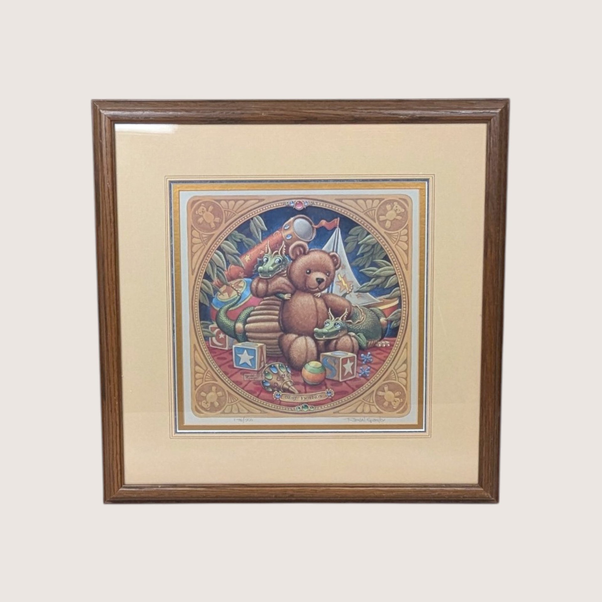 Framed Randal Spangler fantasy art print titled Best Friends featuring a teddy bear and little draglings dragons.
