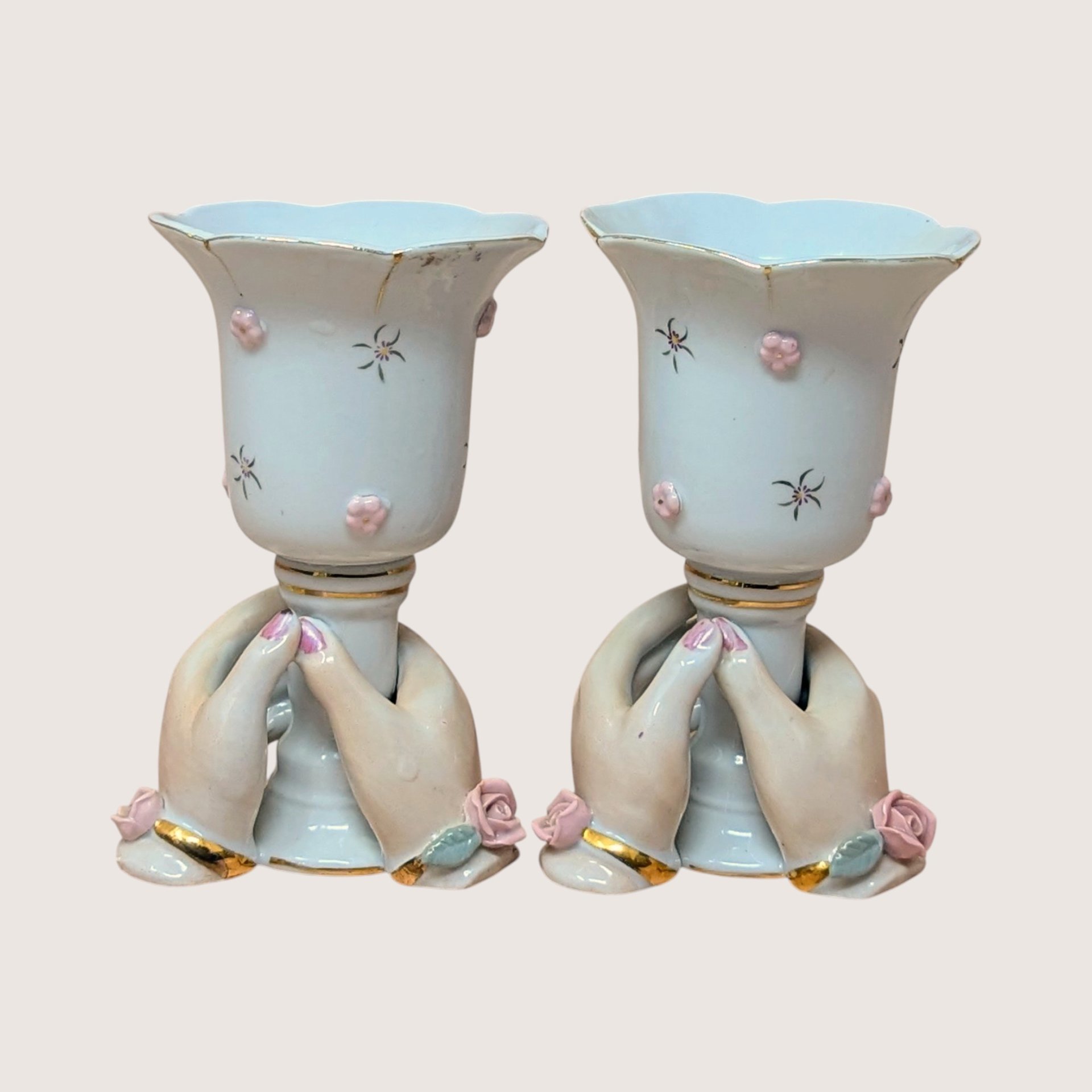 Vintage Ceramic Hands Holding Cup Candle Holder Pair