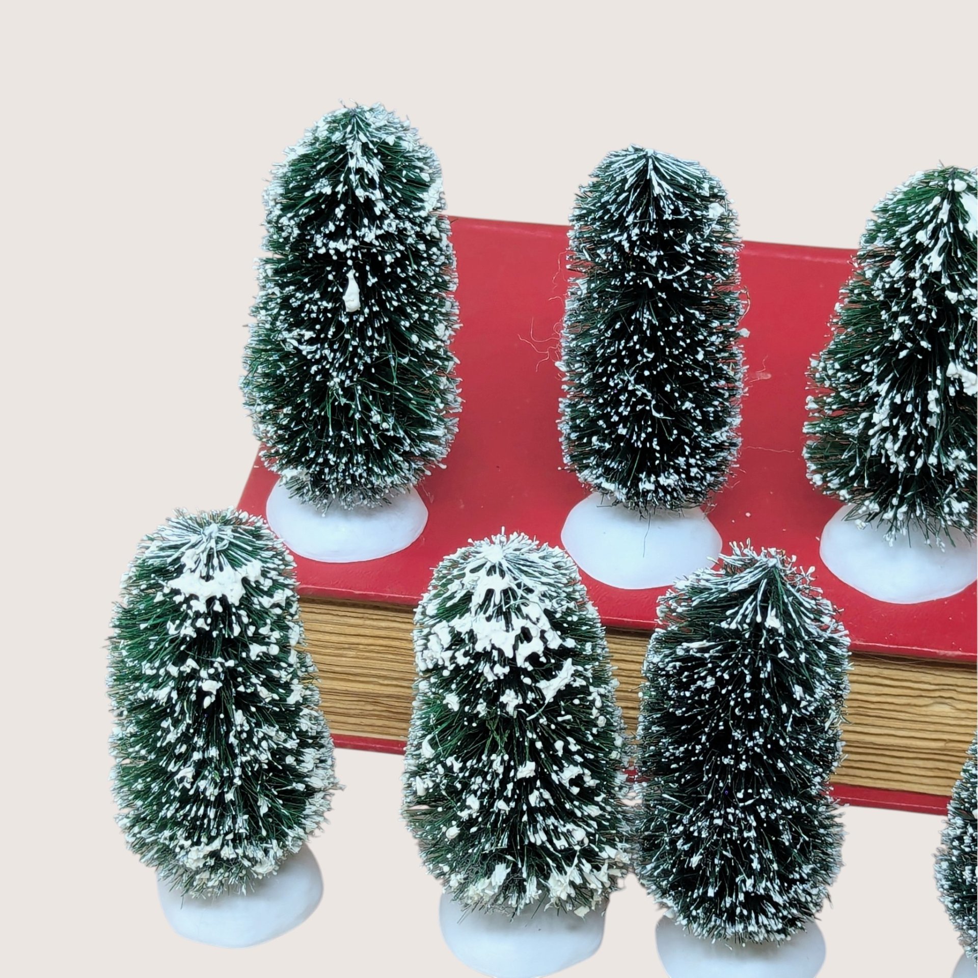 1980s Dept 56 Village Frosted Topiary Trees Bottle Brush Set of 8