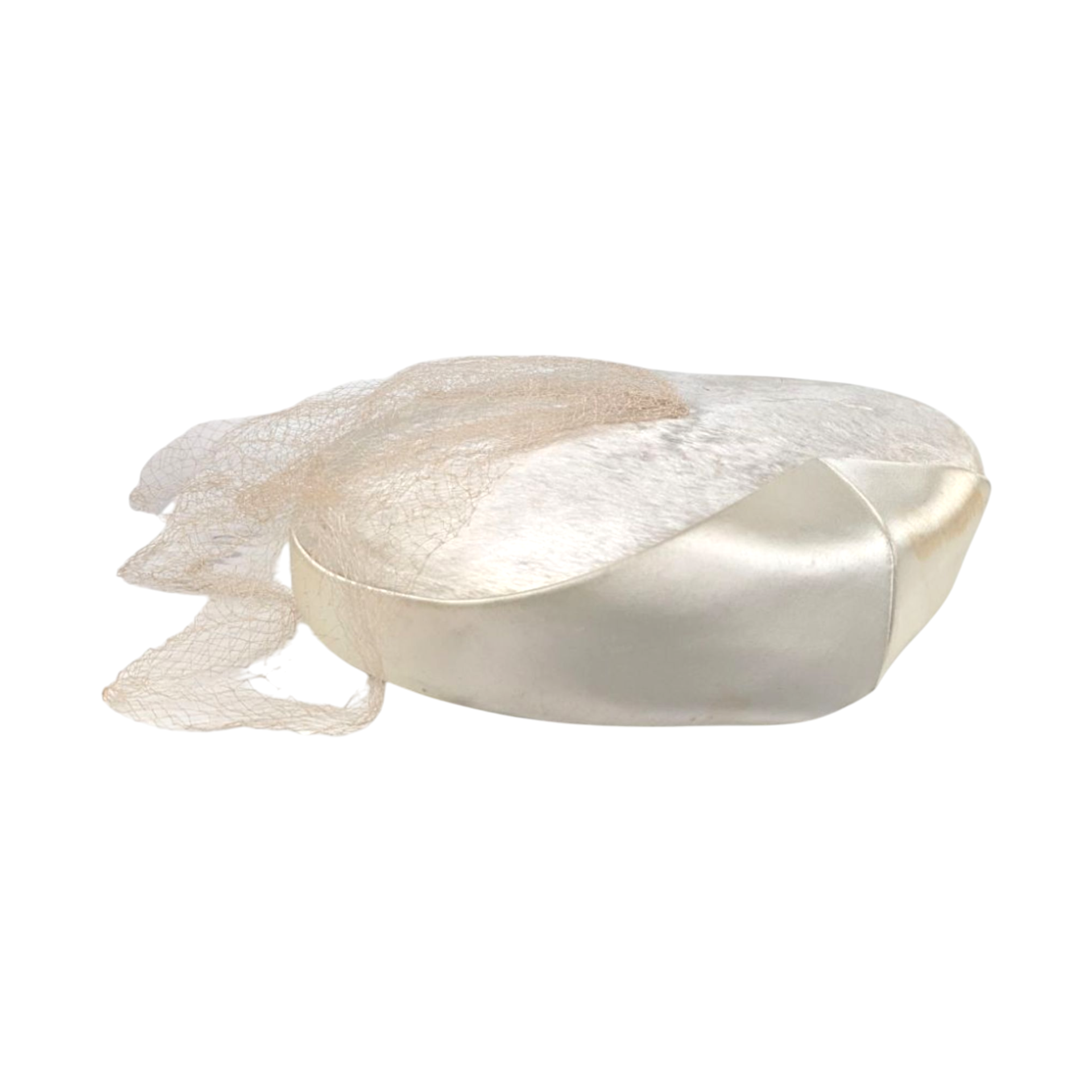 Vintage 1960s Martha Jean Bridal Pillbox Hat with Birdcage Veil, Ivory Satin Cocktail Hat for Display or Restoration