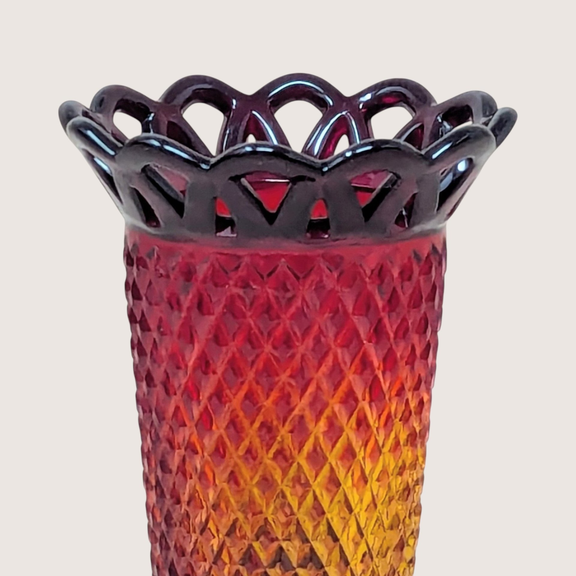 Vintage Imperial Glass Amberina Lace Edge 5 inch Vase