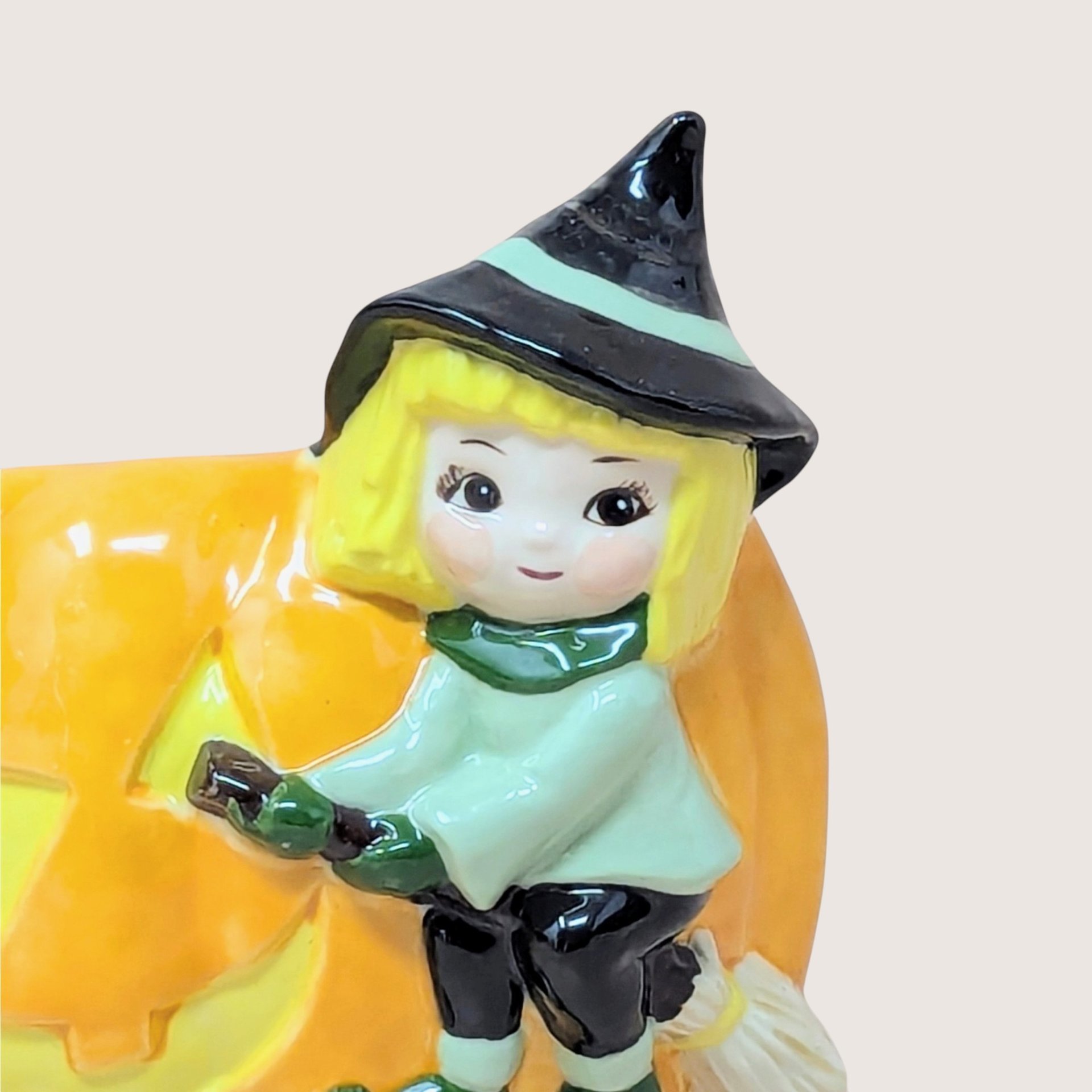 Vintage Halloween Witch Riding Pumpkin Planter