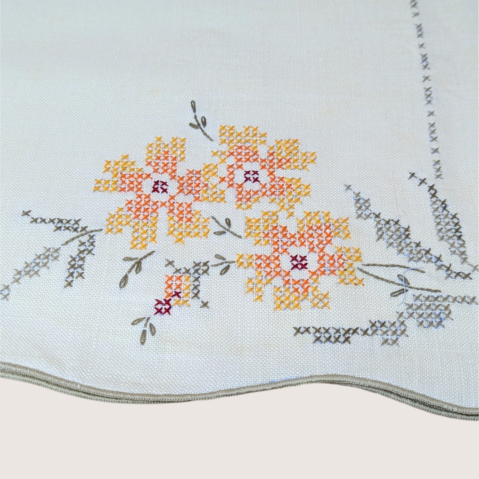 Vintage Bucilla 8 Piece Floral Cross Stitch Table Linen Set