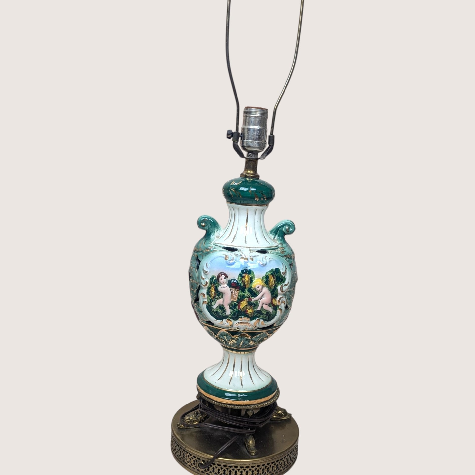 Vintage Mid Century Italian Capodimonte Style Cherub Ceramic Table Lamp