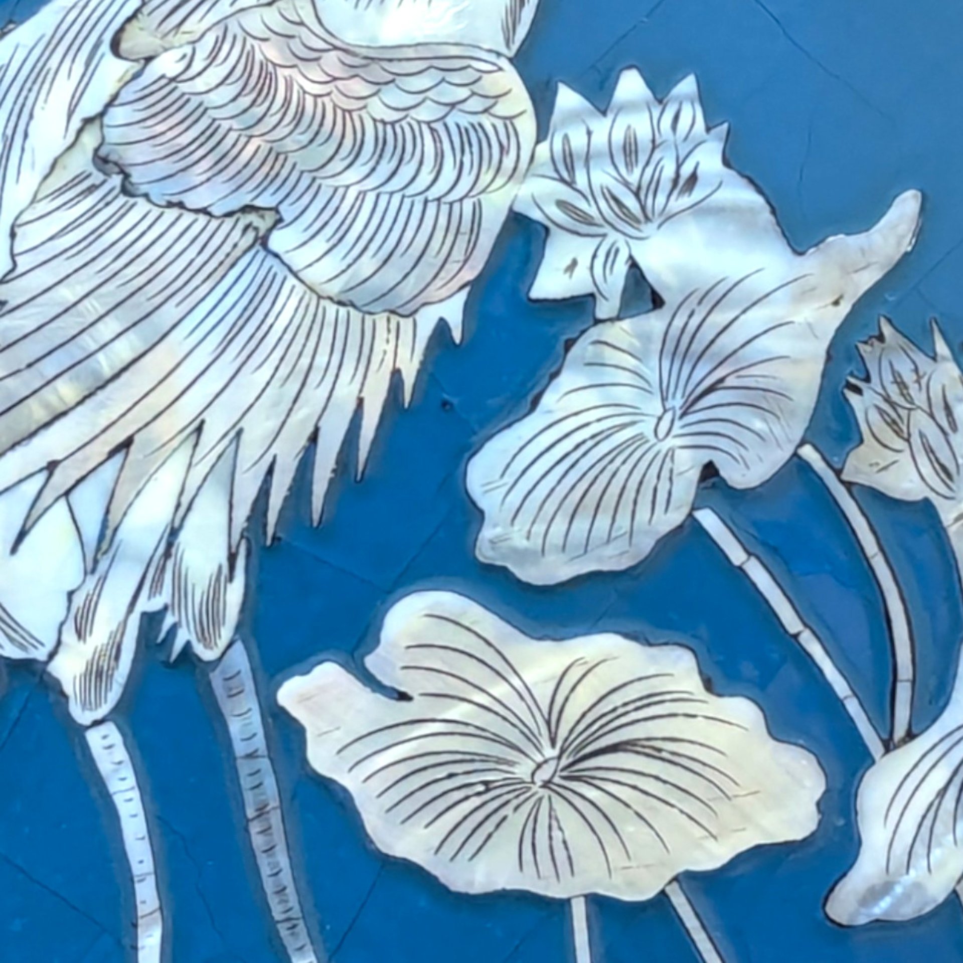 Vintage Asian Lacquer Mother of Pearl Inlay Crane Bird Wall Panel