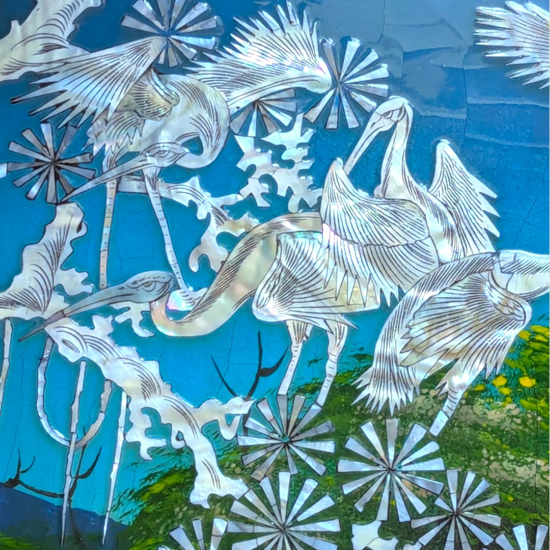 Vintage Asian Lacquer Mother of Pearl Inlay Crane Bird Wall Panel