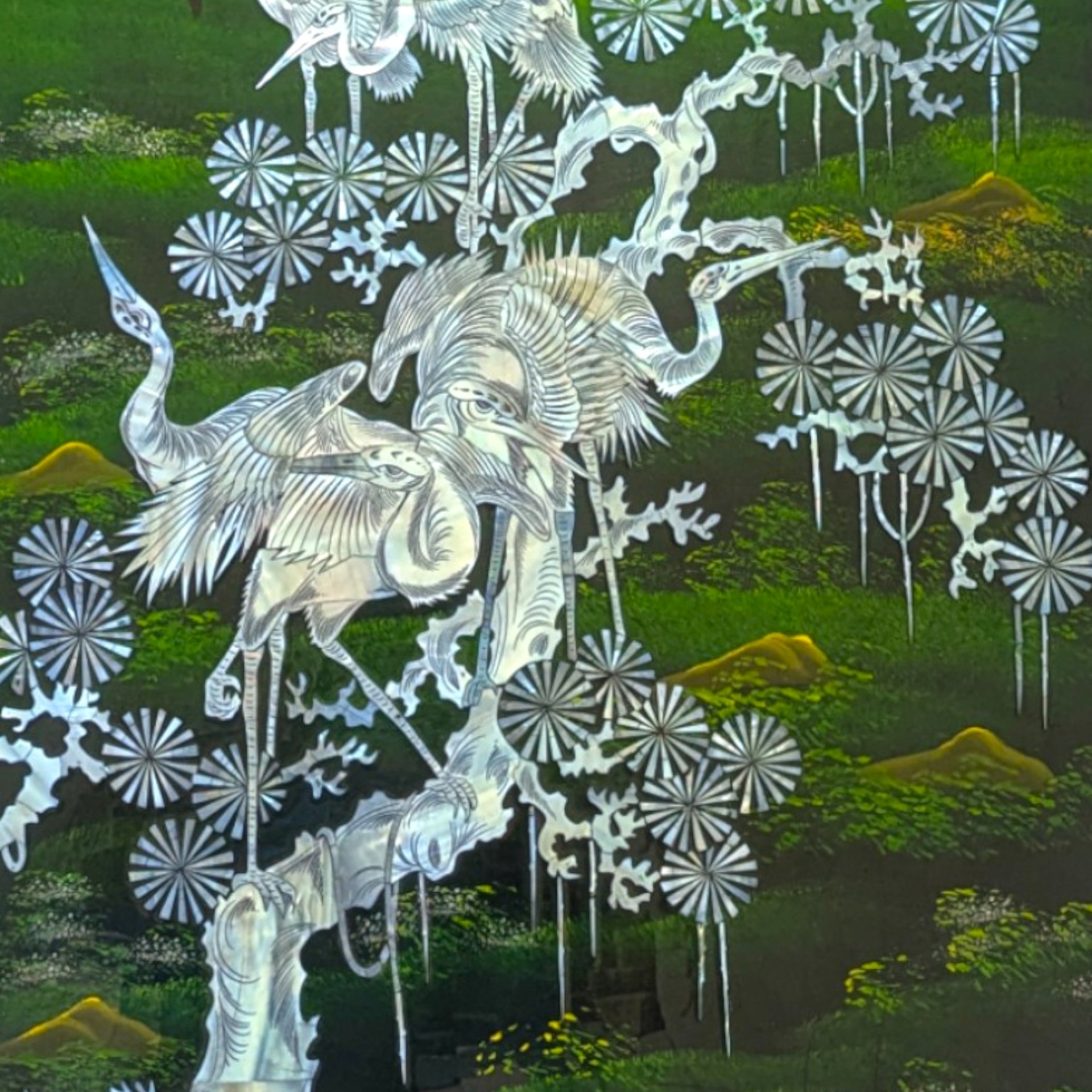 Vintage Asian Lacquer Mother of Pearl Inlay Crane Bird Wall Panel