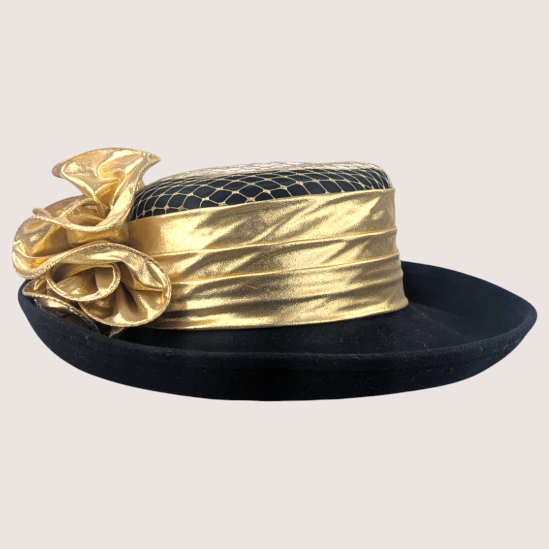 Vintage Sonni San Francisco Black Wool Metallic Gold Cocktail Brim Hat