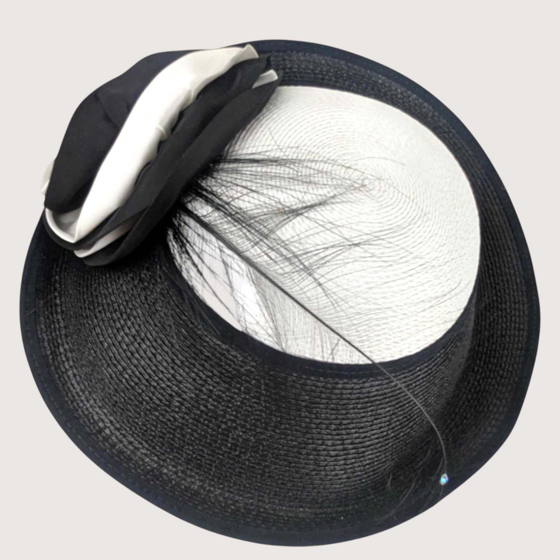 Vintage Jody G for Sylvia Black and White Straw Cocktail Brim Hat