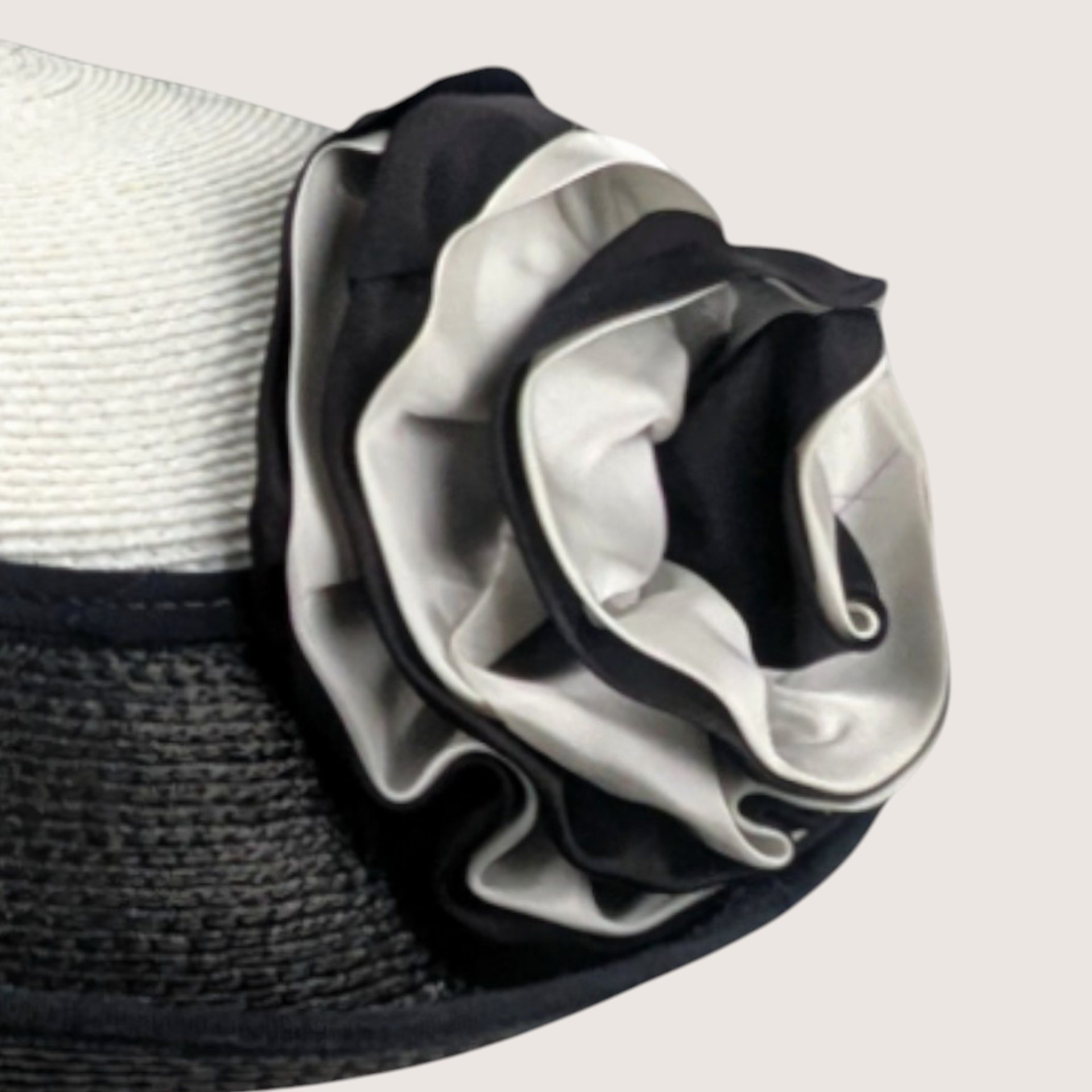 Vintage Jody G for Sylvia Black and White Straw Cocktail Brim Hat