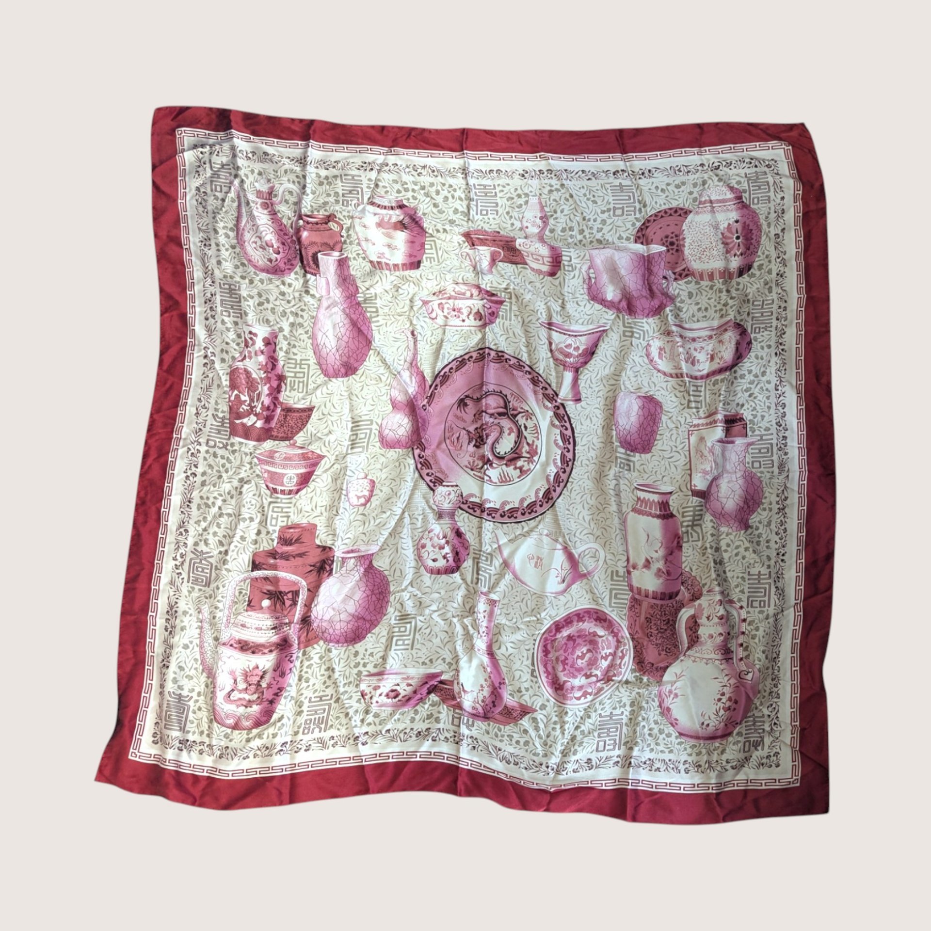 Vintage Asian Pottery Print Silk Scarf