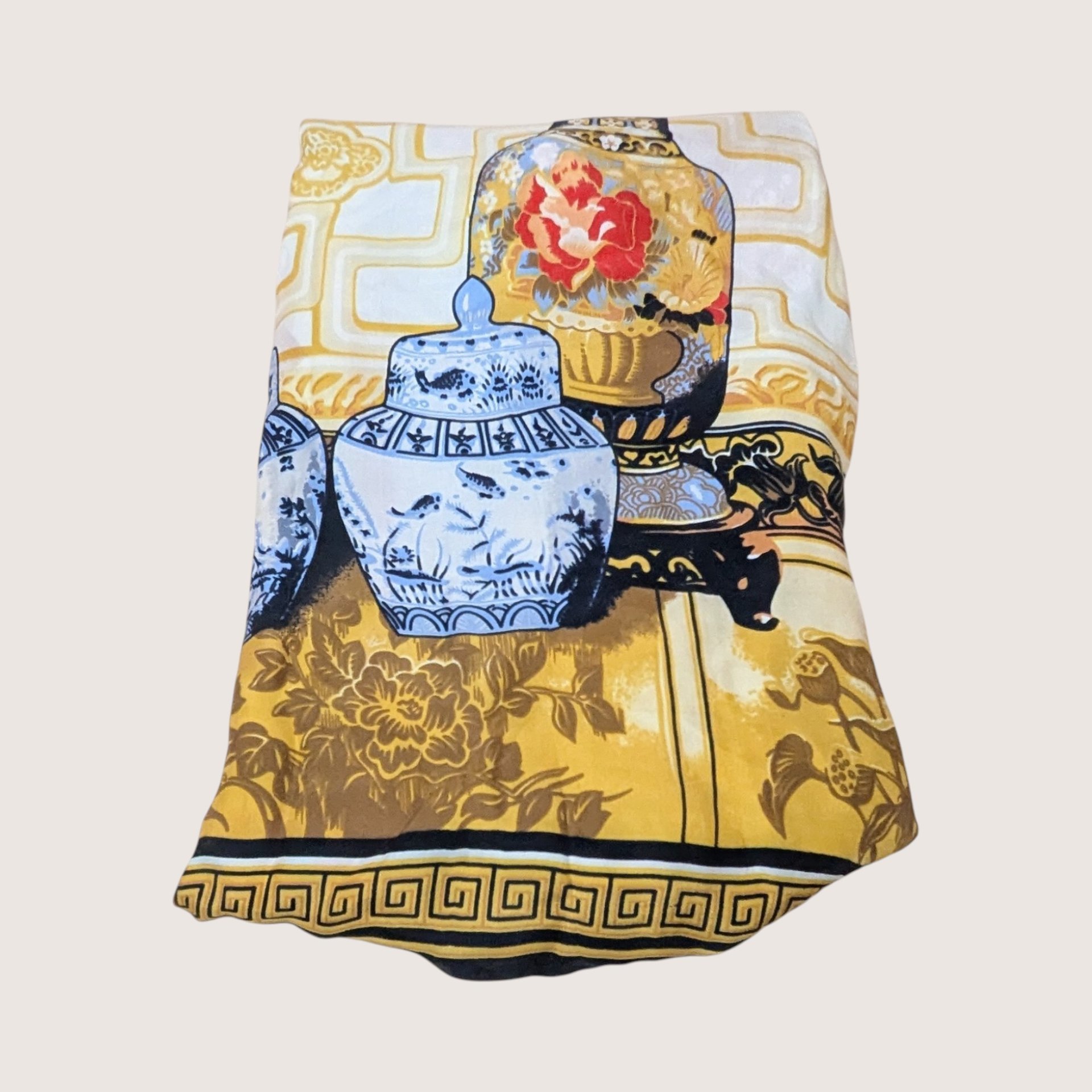 Vintage Huali Silk Scarf Asian Ginger Jar Print