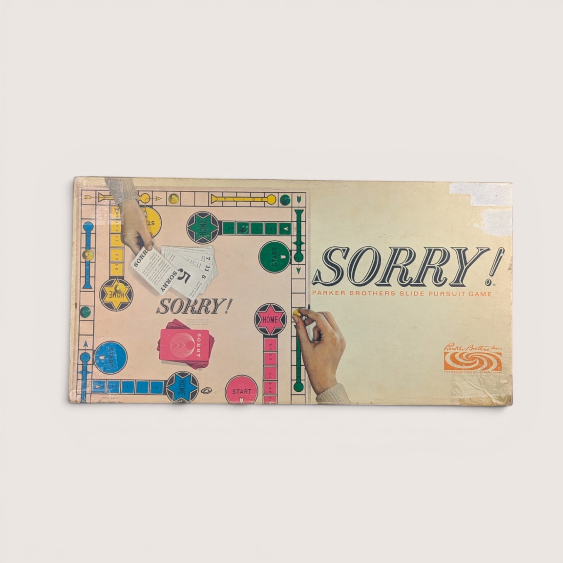The cover of a 1964 vintage Parker Brothers Sorry board game showing the classic pink and green slide pursuit board design with illustrated hands holding cards and playing pieces.