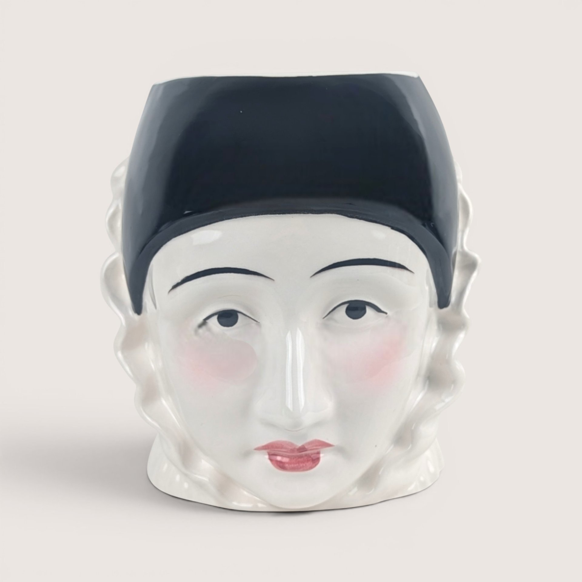 Vintage Taste Setter by Sigma ceramic Pierrot mime face mug with a glossy black cap and ruffled collar.