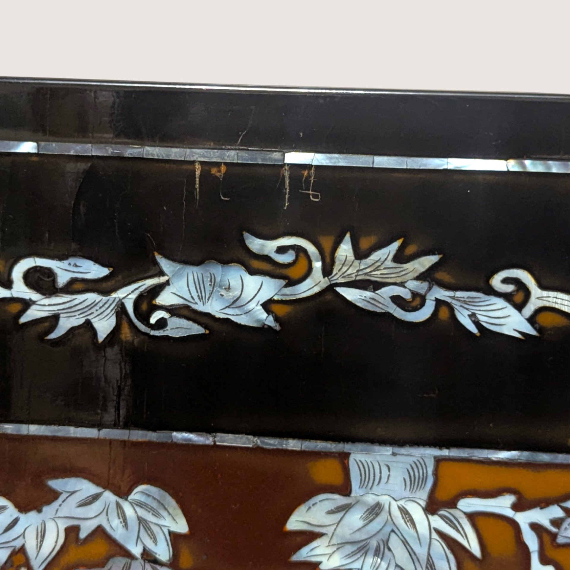 Vintage Mid Century Vietnamese Mother of Pearl Inlay Lacquer Wall Panel