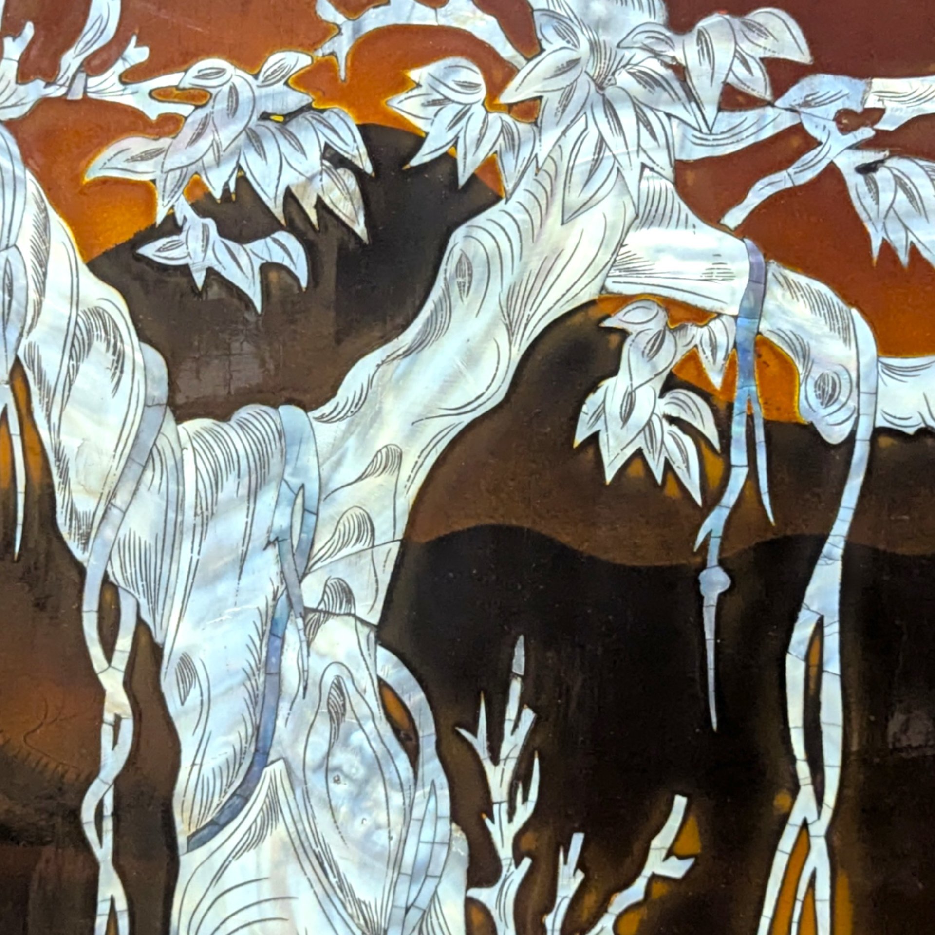 Vintage Mid Century Vietnamese Mother of Pearl Inlay Lacquer Wall Panel