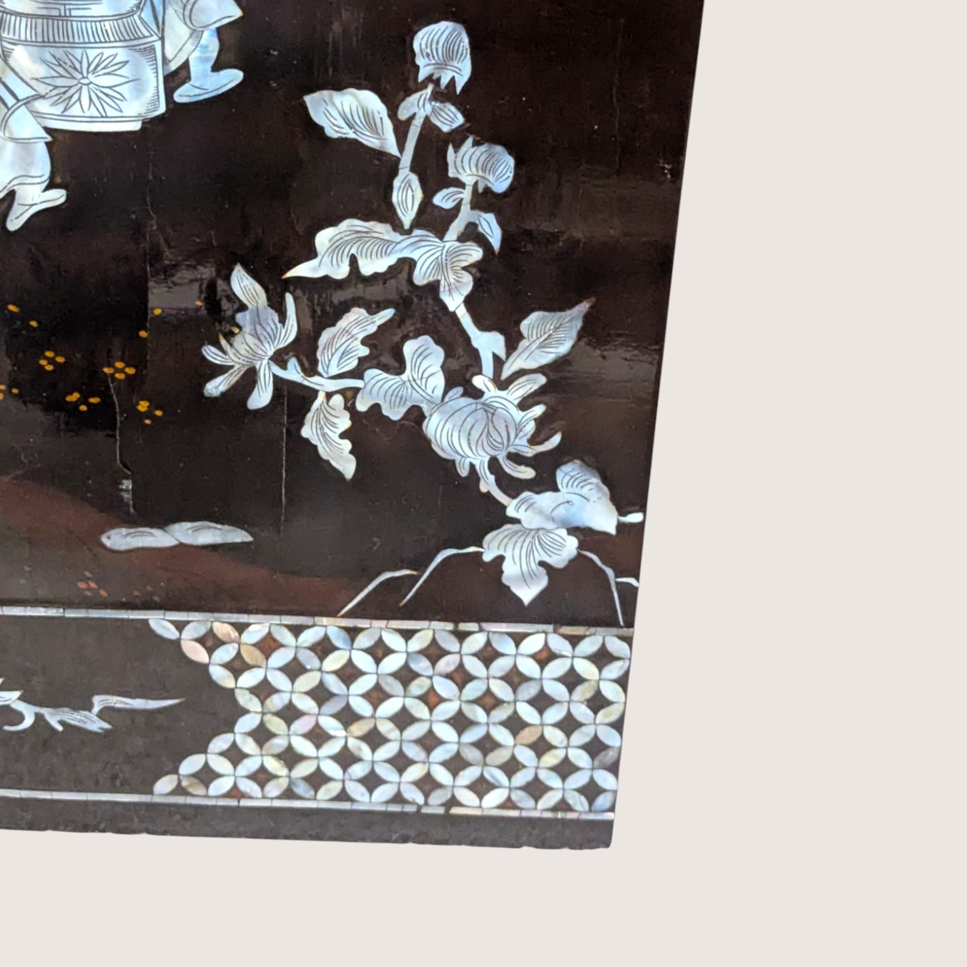 Vintage Mid Century Vietnamese Mother of Pearl Inlay Lacquer Wall Panel