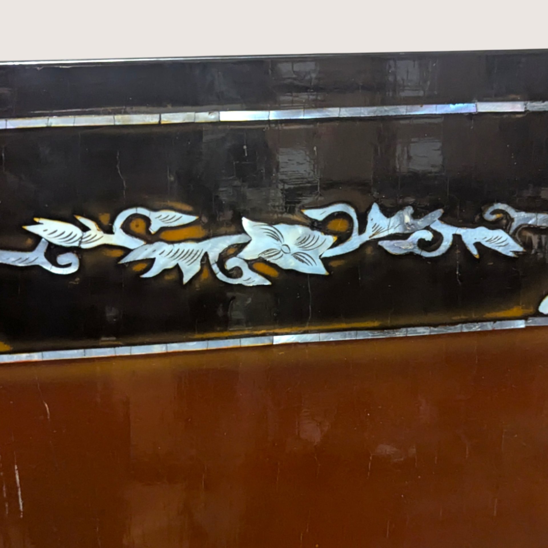1960s Vietnamese Mother of Pearl Inlay Lacquer Wall Panel Paired Piece