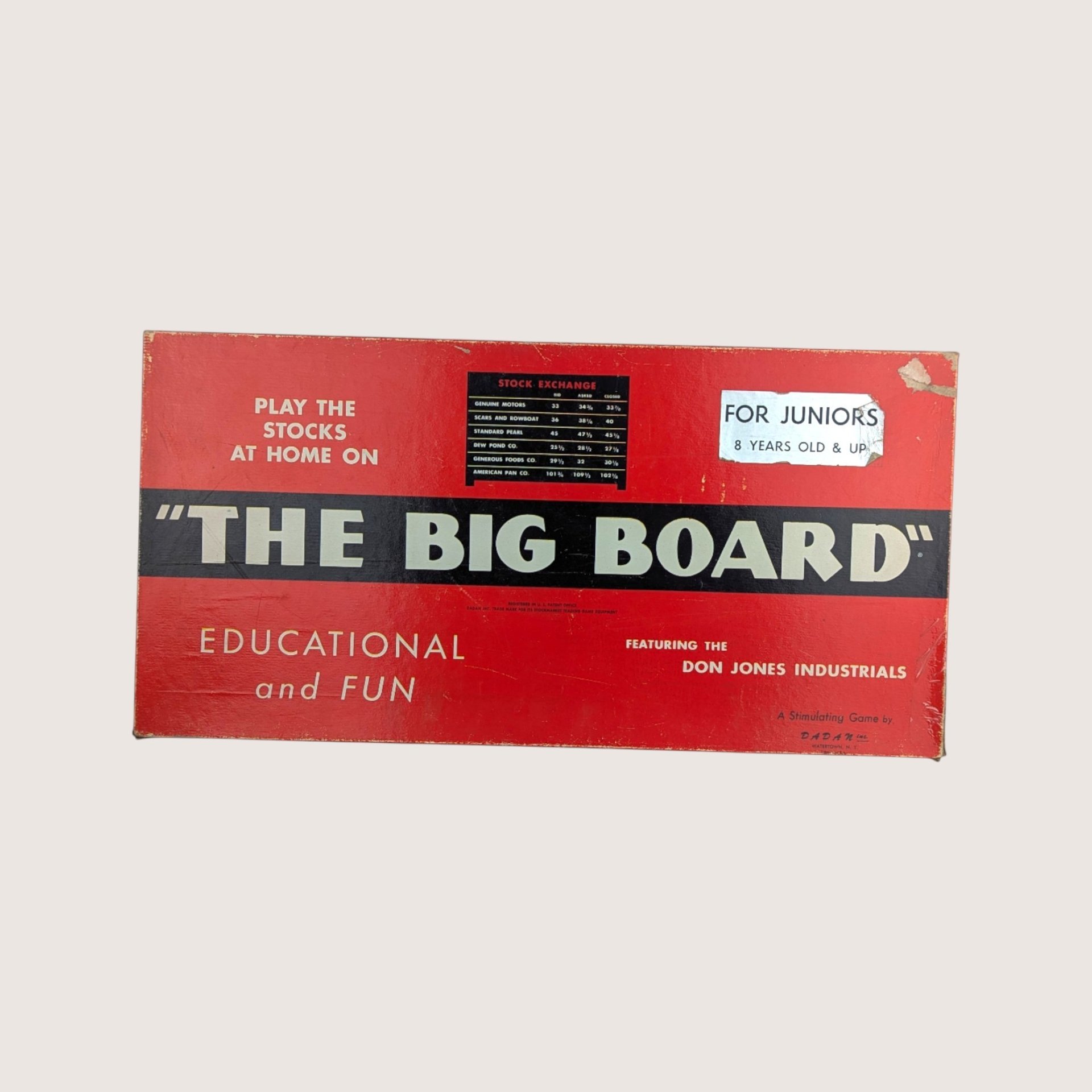 The vintage red and black box for The Big Board stock exchange game against a light background