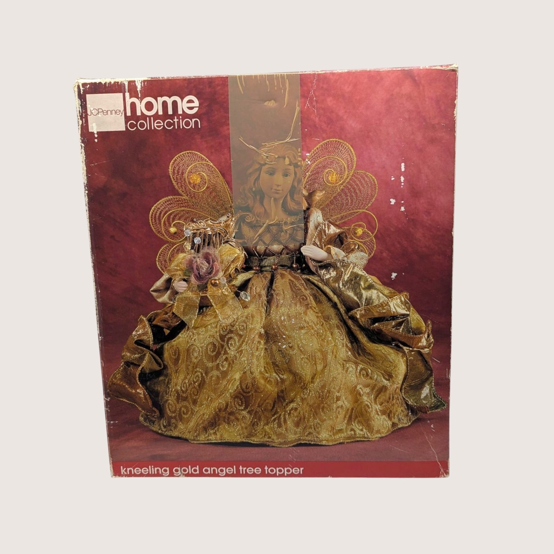 1990s JCPenney Gold Standing Angel Christmas Tree Topper In Box