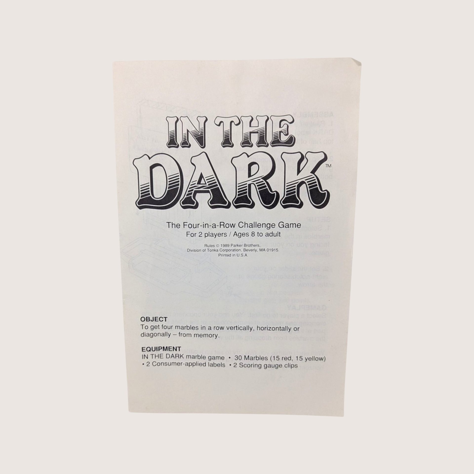 1989 Parker Brothers In The Dark Marble Game