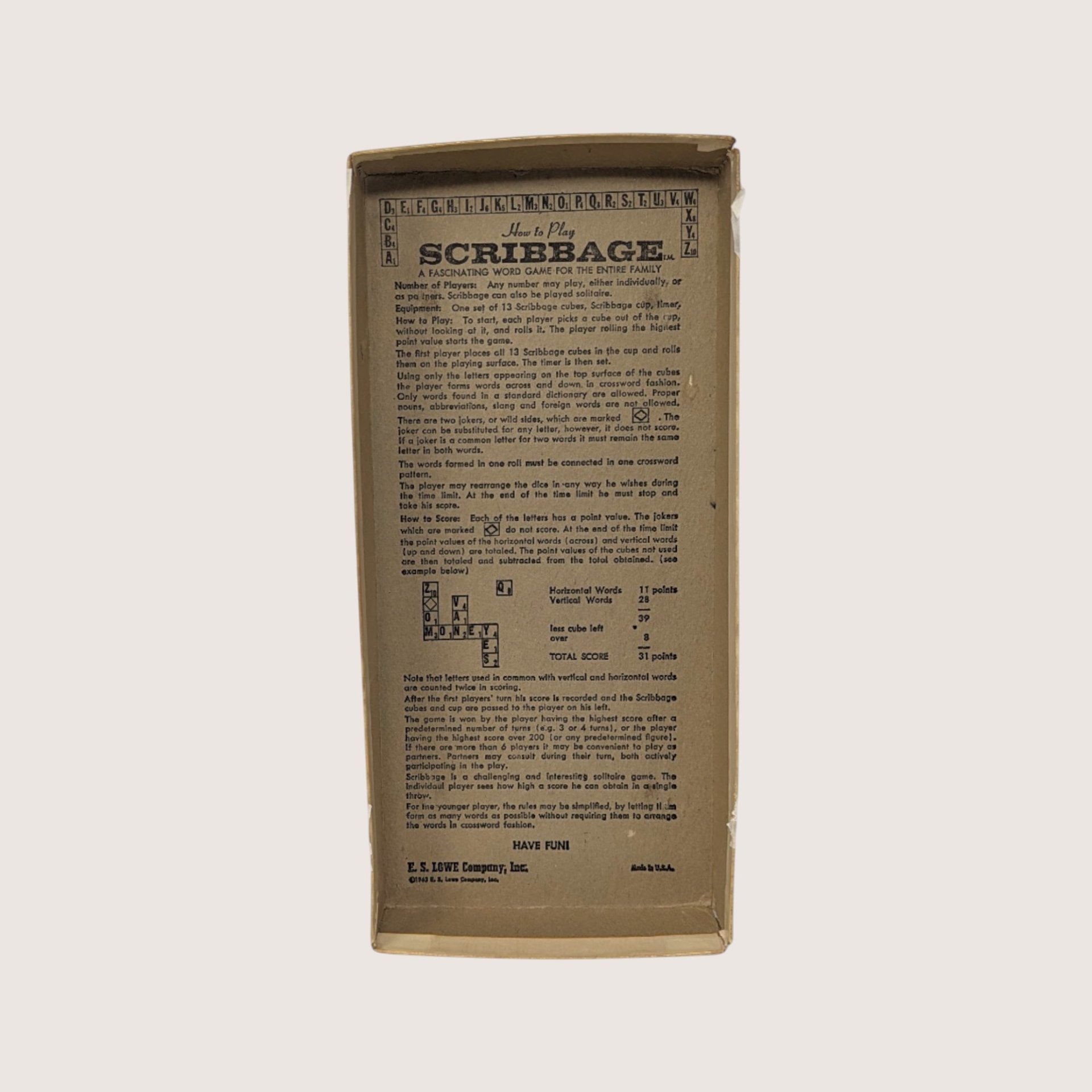 1963 Scribbage Word Game Lowe Company 