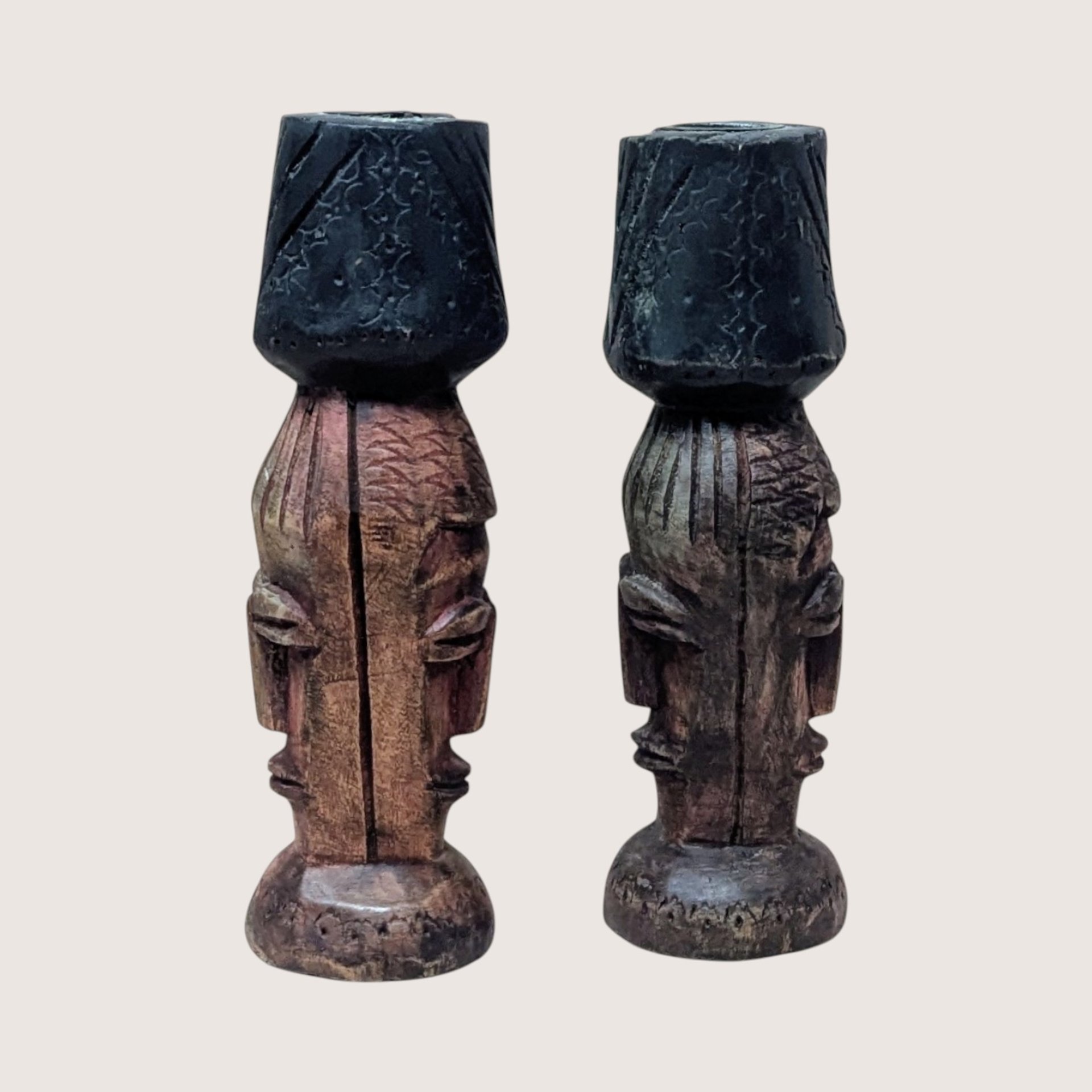 1970s Hand Carved Wood Candlestick Holders Pair