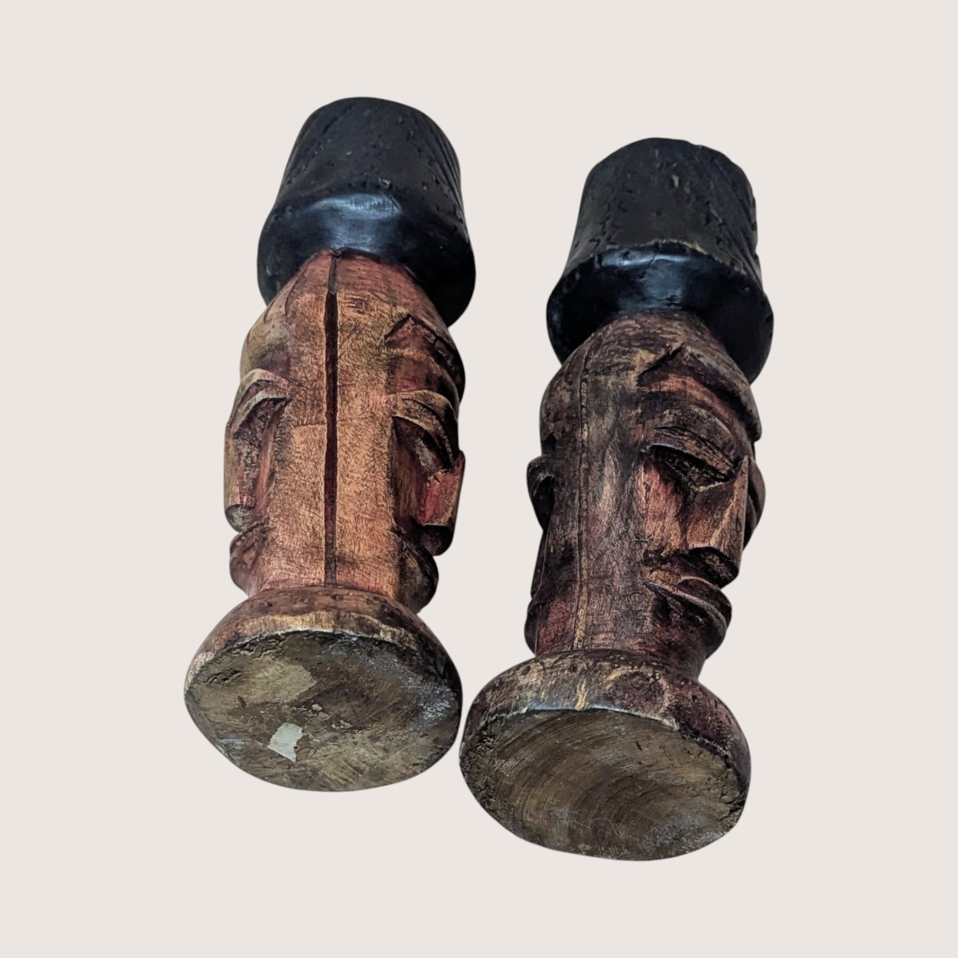 1970s Hand Carved Wood Candlestick Holders Pair