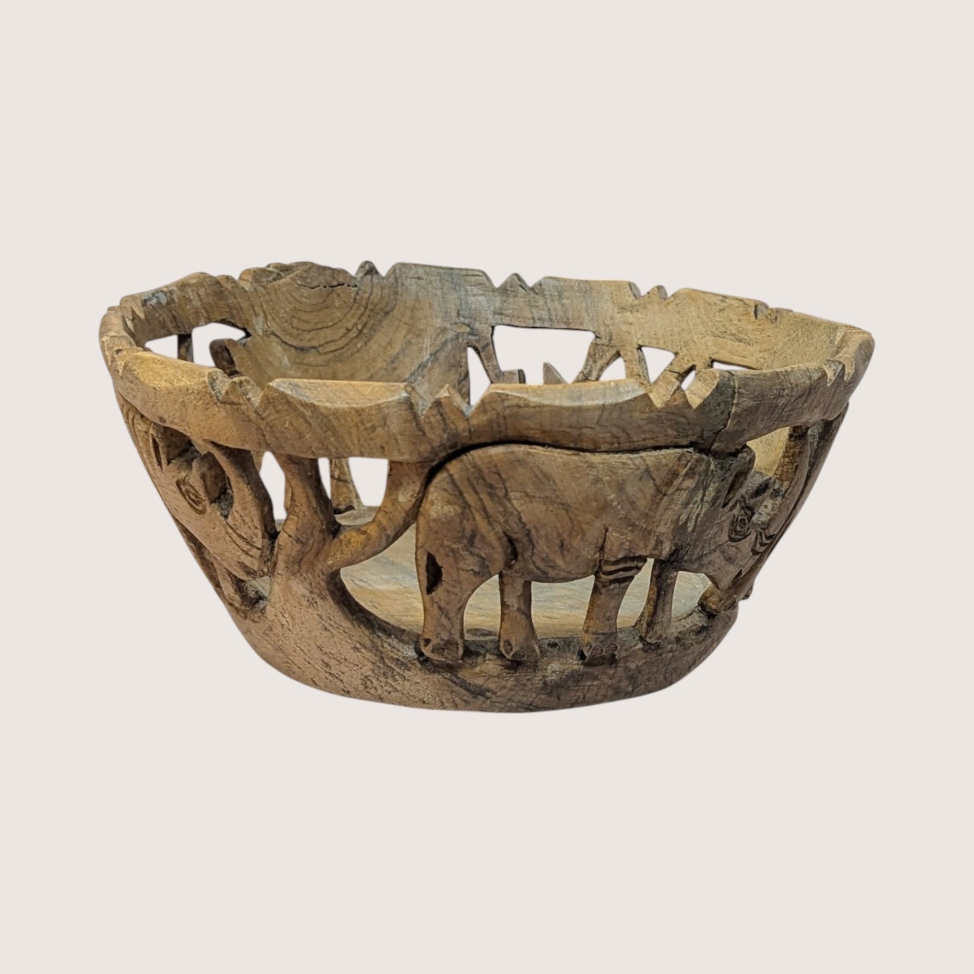 1980s Hand Carved Wood Safari Animal Bowl and Utensils Set