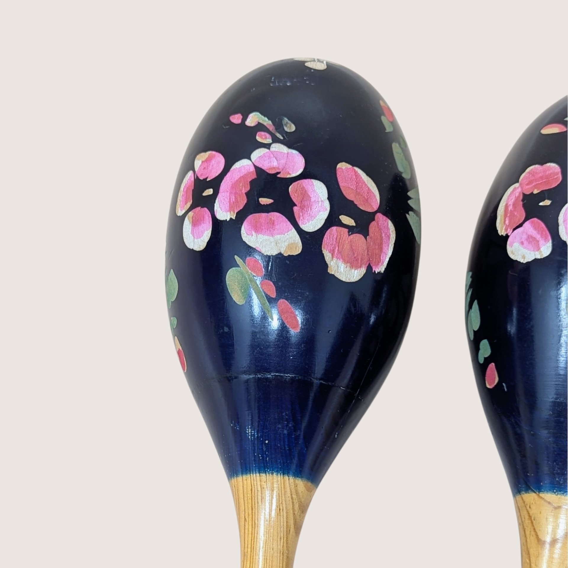 1980s Hand Painted Floral Wooden Maracas Pair